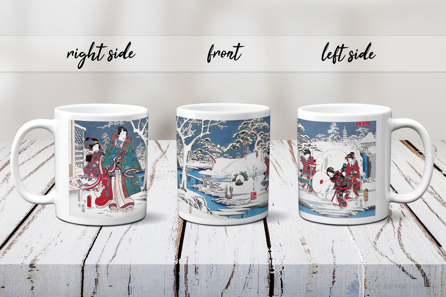 Japanese Ukiyo-e Art Mug Cup with a Box Boxed Woodblock Print Hiroshige Kunisada Prince Genji Geisha Maiko Snow Snowman Beautiful Japan Gift