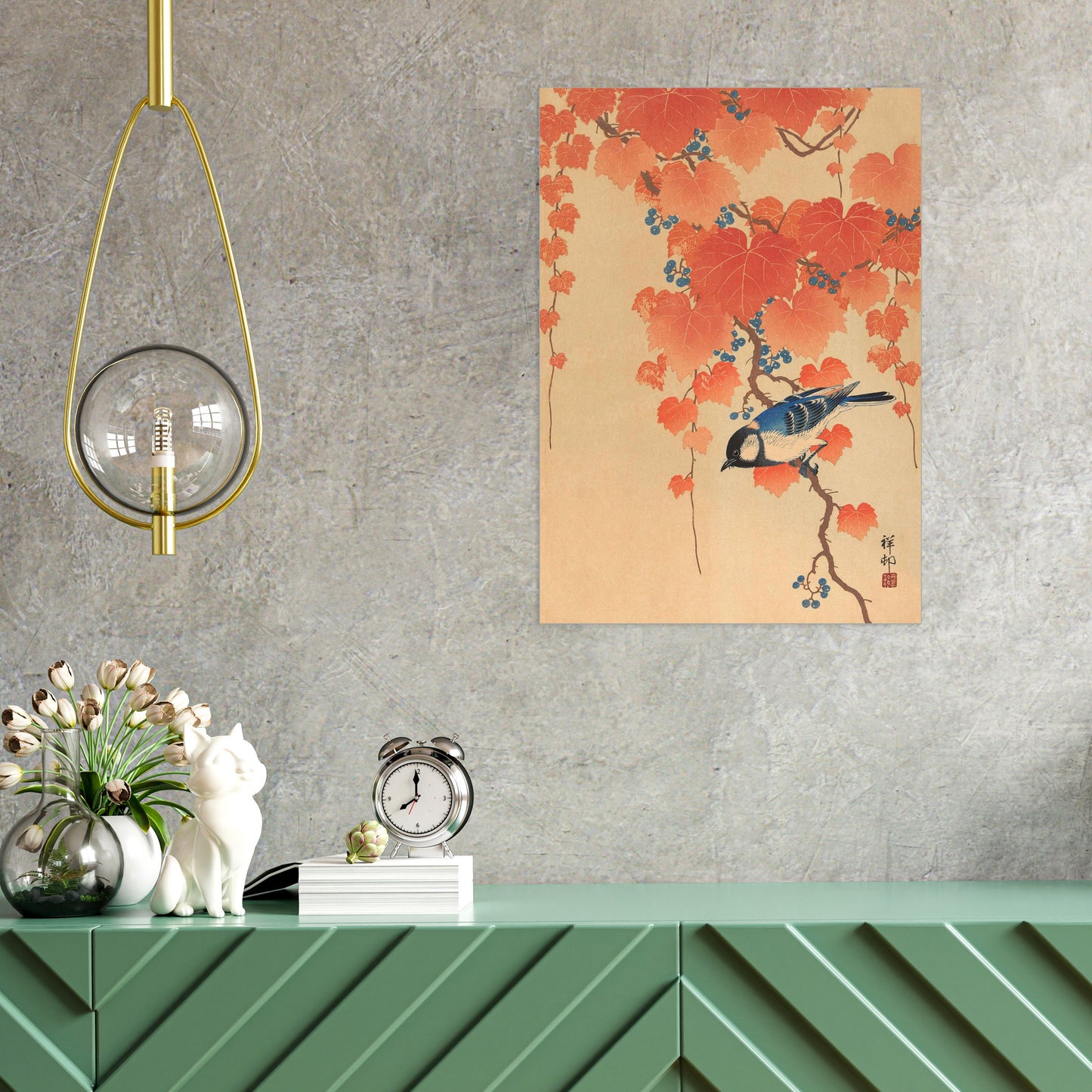 Japanese Ukiyo-e Art Print Poster Woodblock Wall Art Koson Shoson Great Tit Maple Leaves Ivy Paulownia Bird Beautiful Kacho-e Calligraphy A3