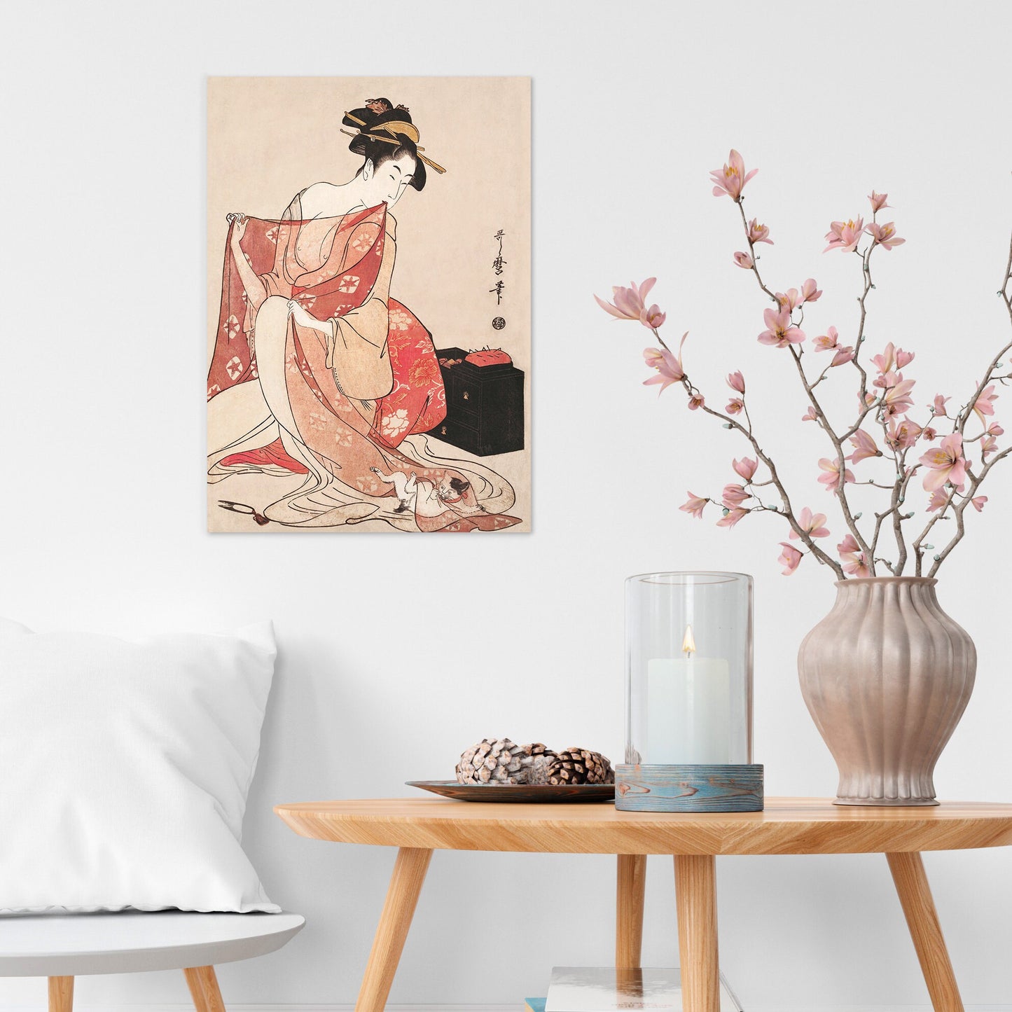 Japanese Ukiyo-e Art Print Poster Woodblock Wall Decor Kitagawa Utamaro Geisha Maiko Cat Neko Cute Kimono Tattoo Beautiful Japan Calligraphy
