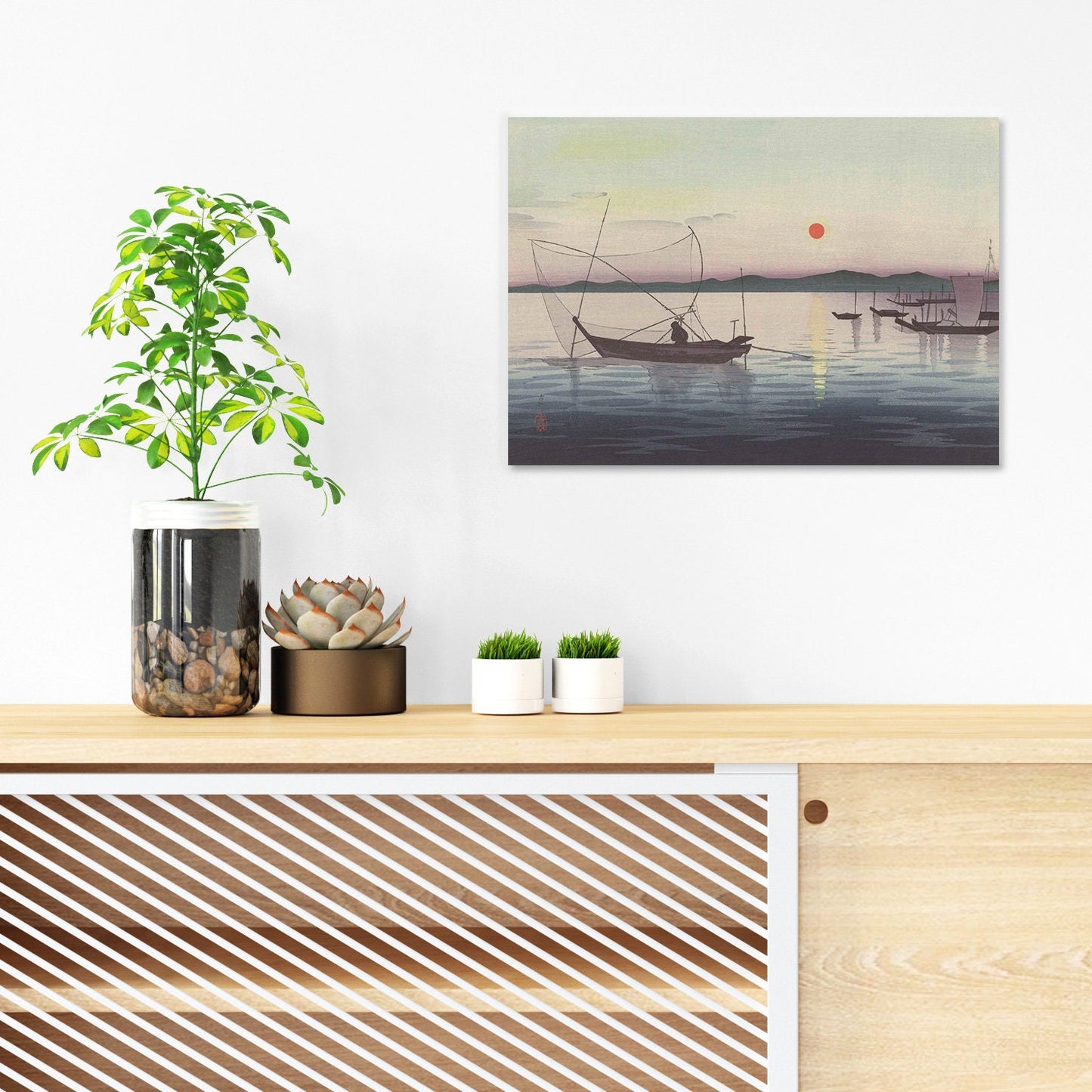 Japanese Ukiyo-e Art Print Poster Woodblock Wall Koson Shoson Boats and Setting Sun Sunset Ship Sea Ocean Landscape Seascape Beautiful A3