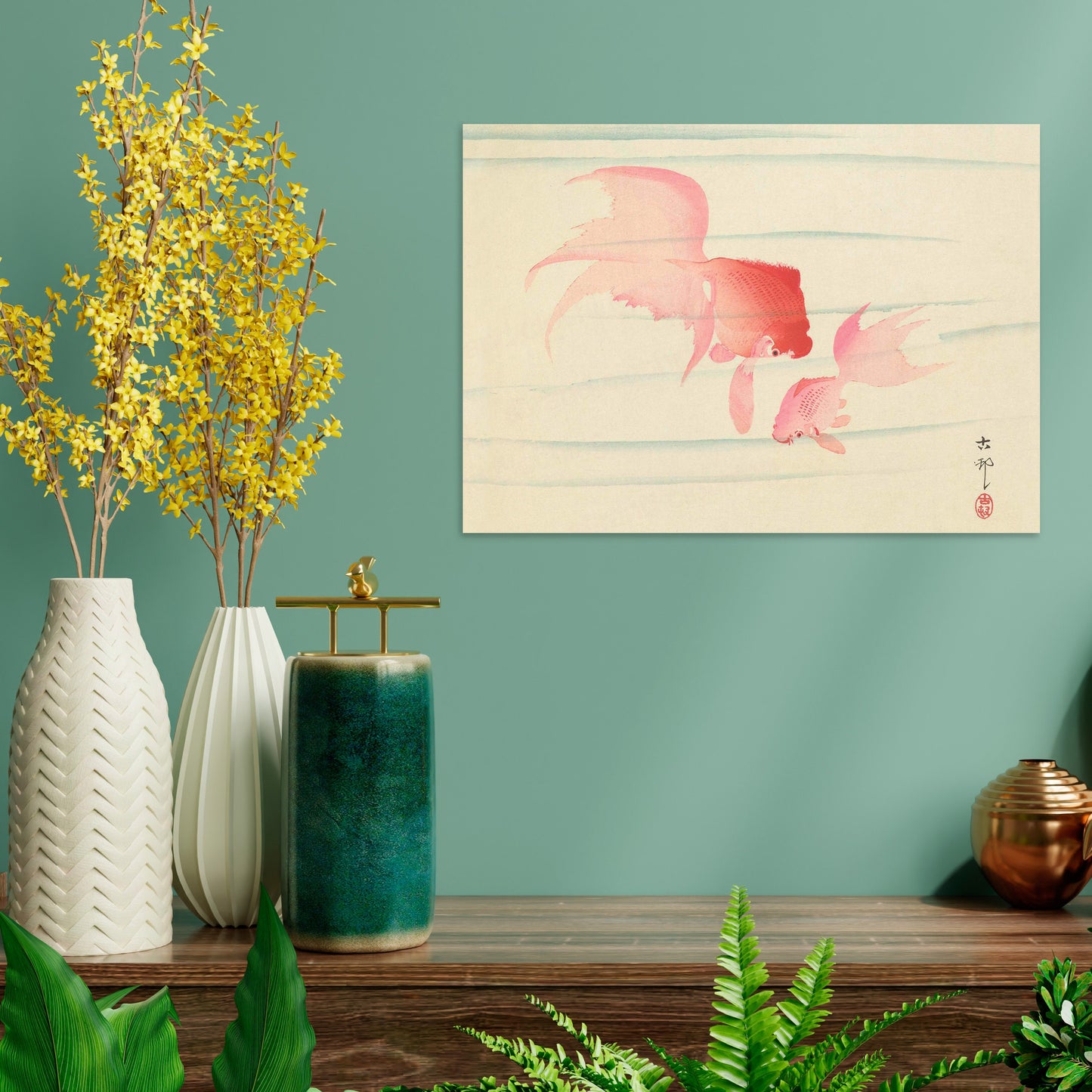 Japanese Ukiyo-e Art Print Poster Woodblock Wall Art Koson Shoson Two Veil Tails Goldfish Fish Beautiful Watercolour Calligraphy Nature A3