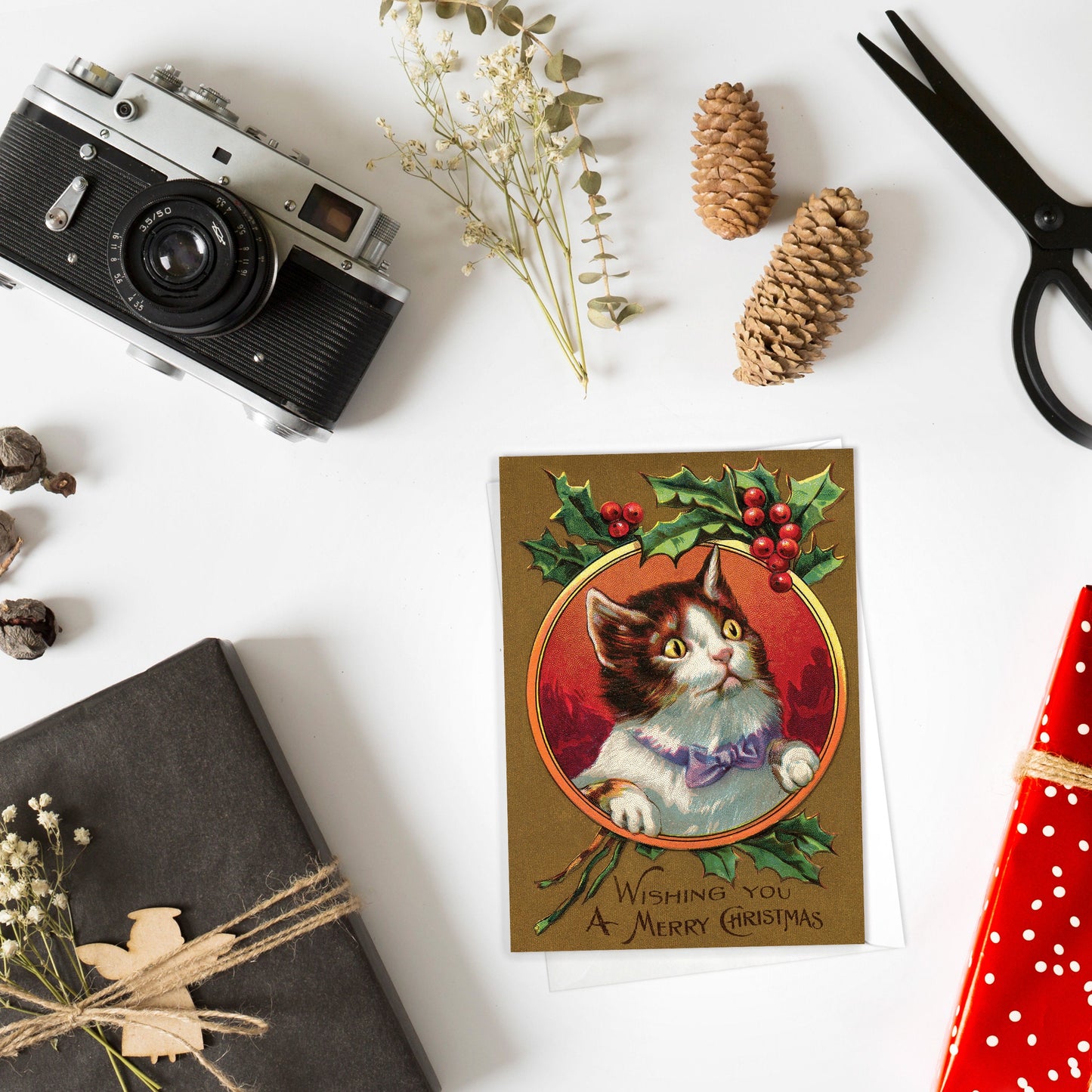 Victorian Greeting Cards Christmas Card Set Xmas Tree New Year Winter Edwardian English British Vintage Retro Santa Robin Cats Kittens Cute