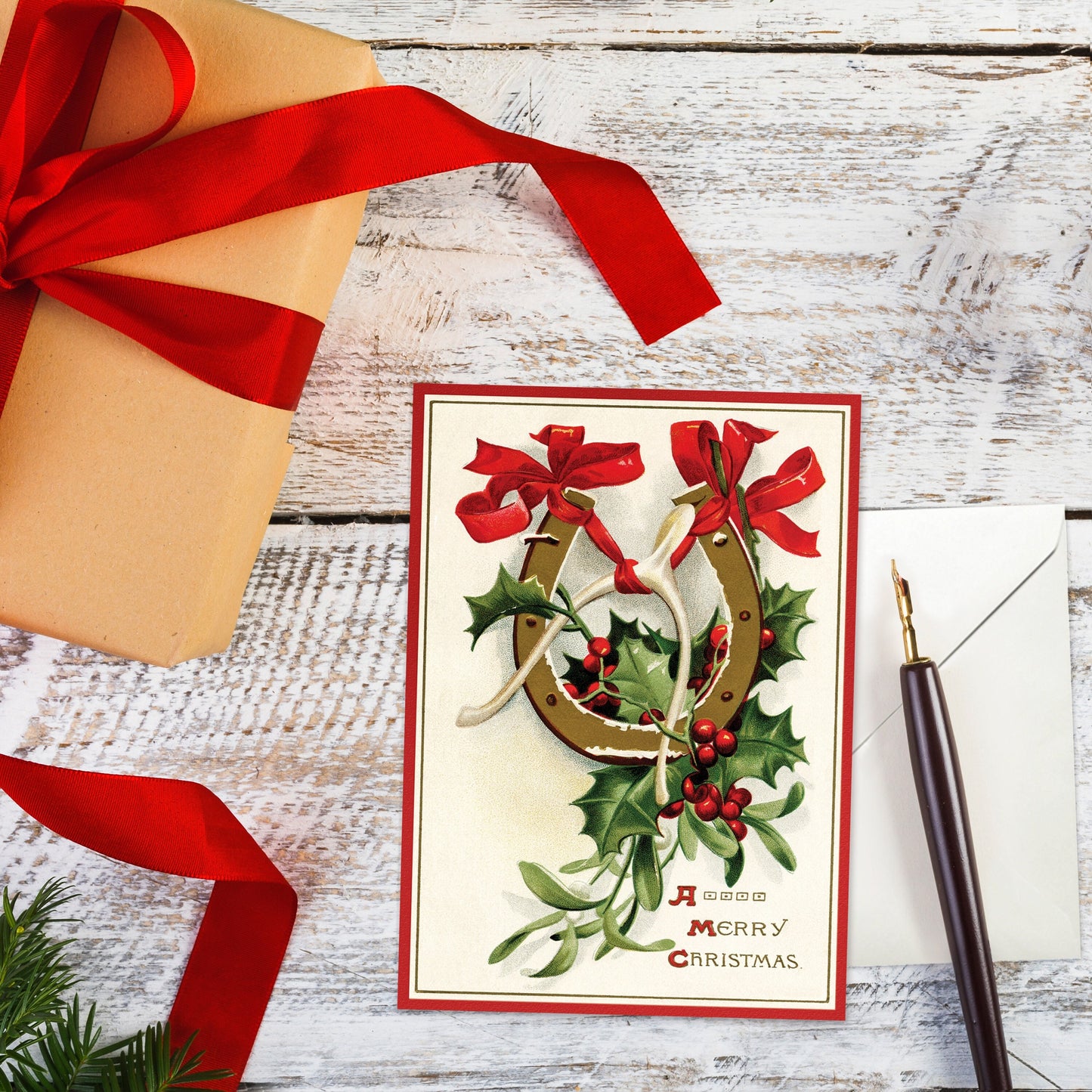 Victorian Greeting Cards Christmas Card Xmas Tree New Year Winter Edwardian Vintage Old Retro Santa Wishbone Horseshoe Lucky Family - H77