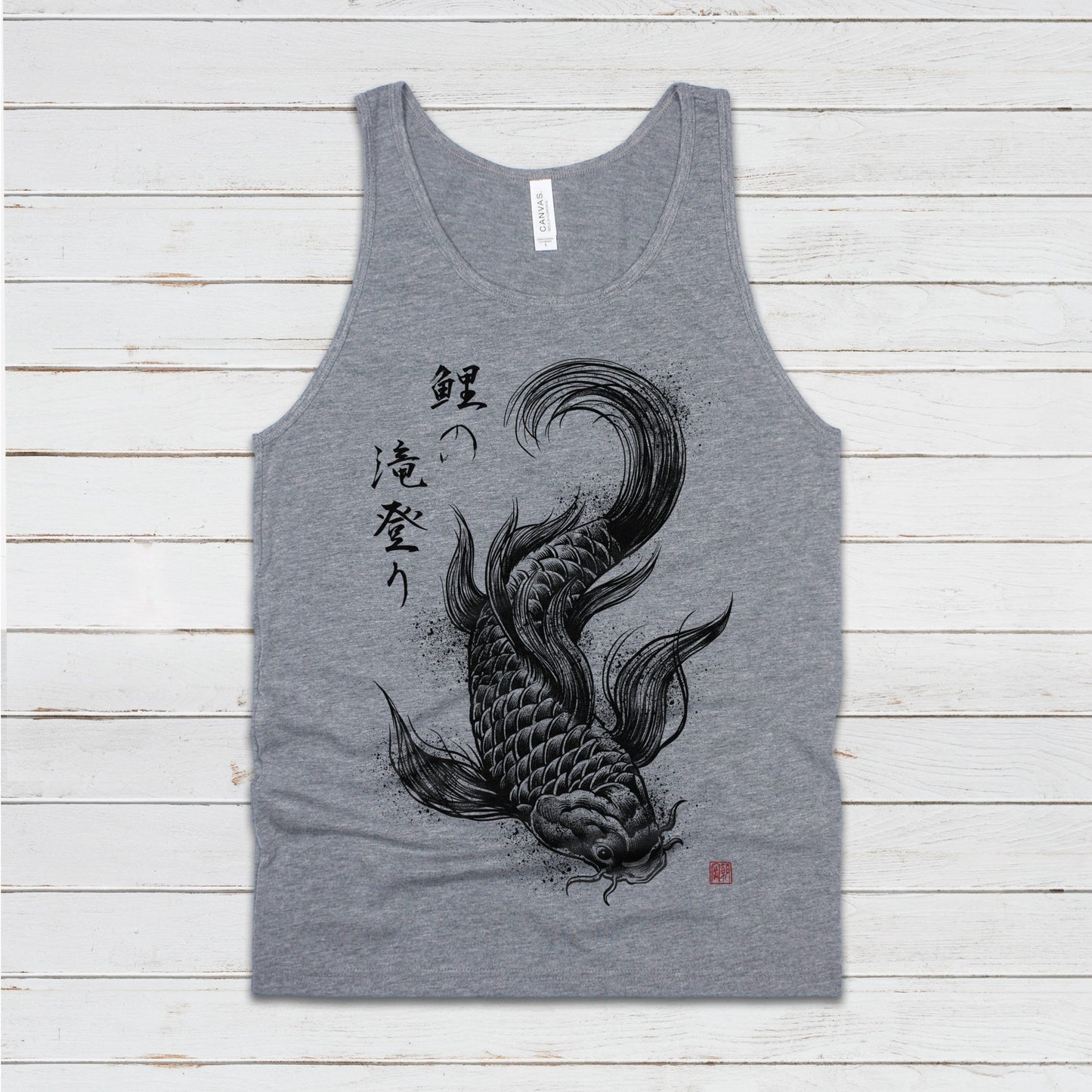 Koi Carp Japanese Calligraphy Tank Top Gyotaku Traditional Art Ukiyo-e Japan Kanji Anime Manga Kyoto Kawaii Womens Men Printed Vest Cami Tee