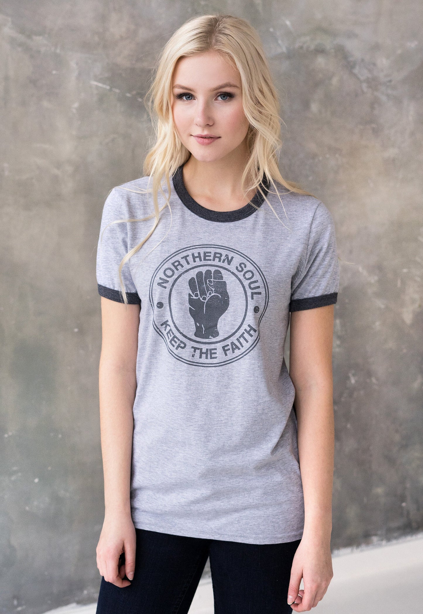 Northern Soul Ringer T Shirt Keep The Faith Logo Distressed Burnout Retro Print Mod Mods Soul 60s Vintage Style Hand Printed T-Shirt Top Tee