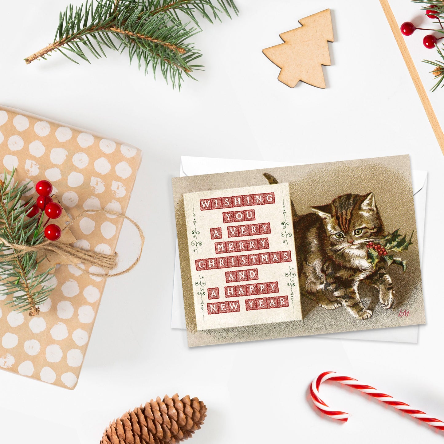 Victorian Greeting Cards Christmas Card Set Xmas Tree New Year Winter Edwardian Cute British Vintage Retro Santa Robin Cats Kittens Kitsch