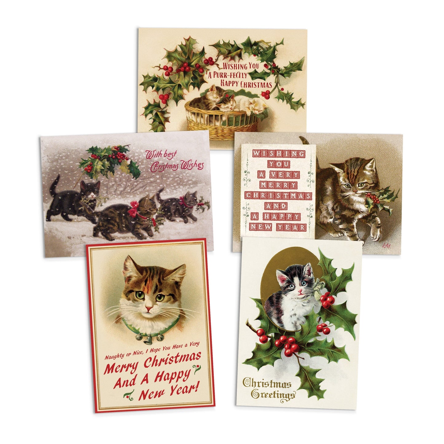 Victorian Greeting Cards Christmas Card Set Xmas Tree New Year Winter Edwardian Cute British Vintage Retro Santa Robin Cats Kittens Kitsch