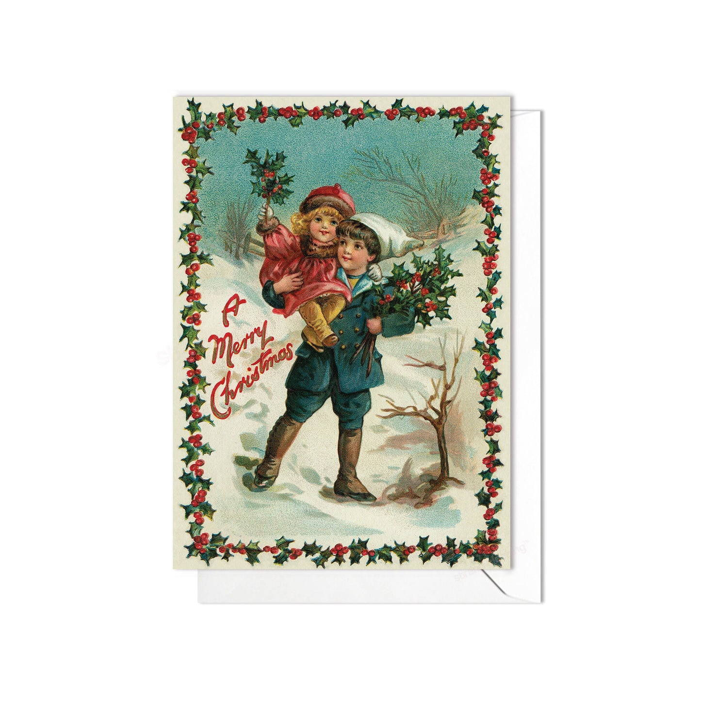Victorian Greeting Cards Christmas Card Xmas Tree New Year Winter Edwardian Vintage Old Retro Santa Brother Sister Children Cute - C22