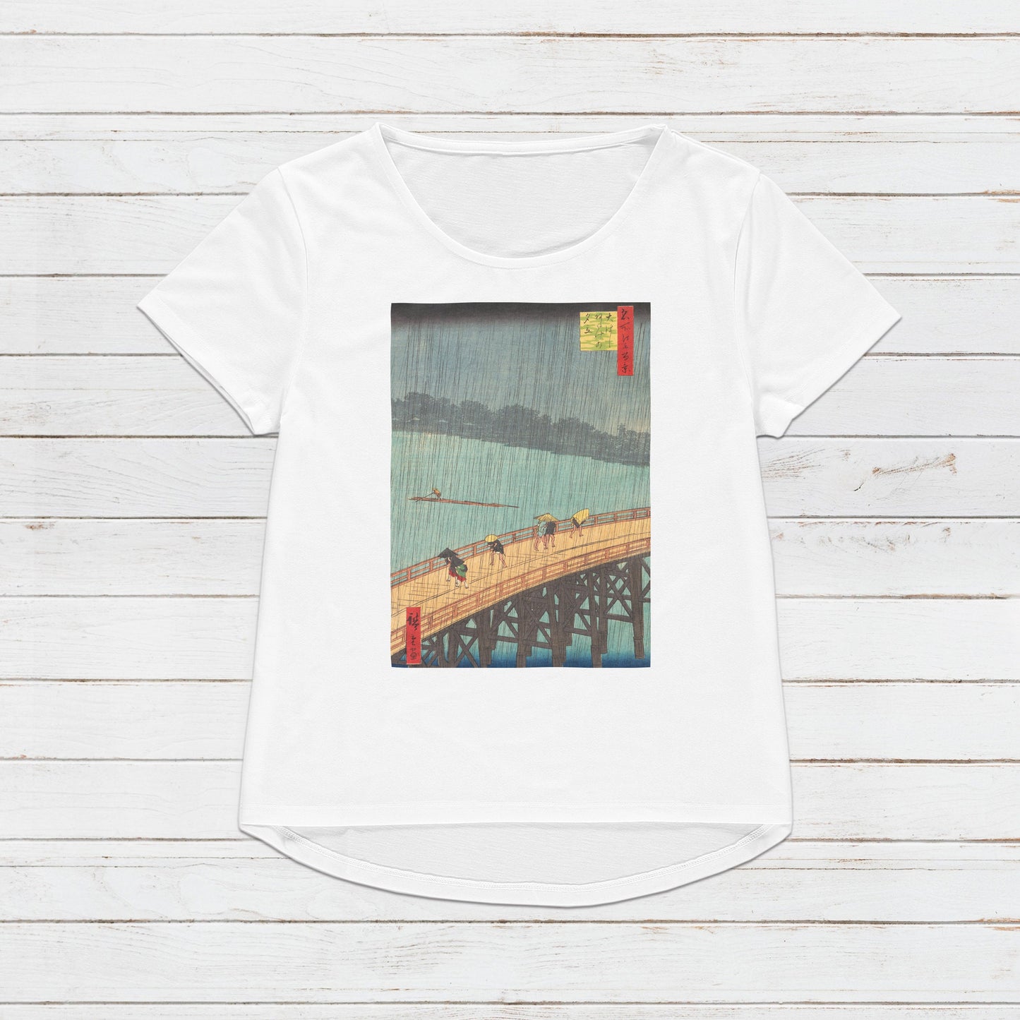 Japanese Ukiyo-e T Shirt Woodblock Art Hiroshige Sudden Shower over Shin-Ohashi Bridge and Atake Rain Calligraphy Womens Mens Printed Tee