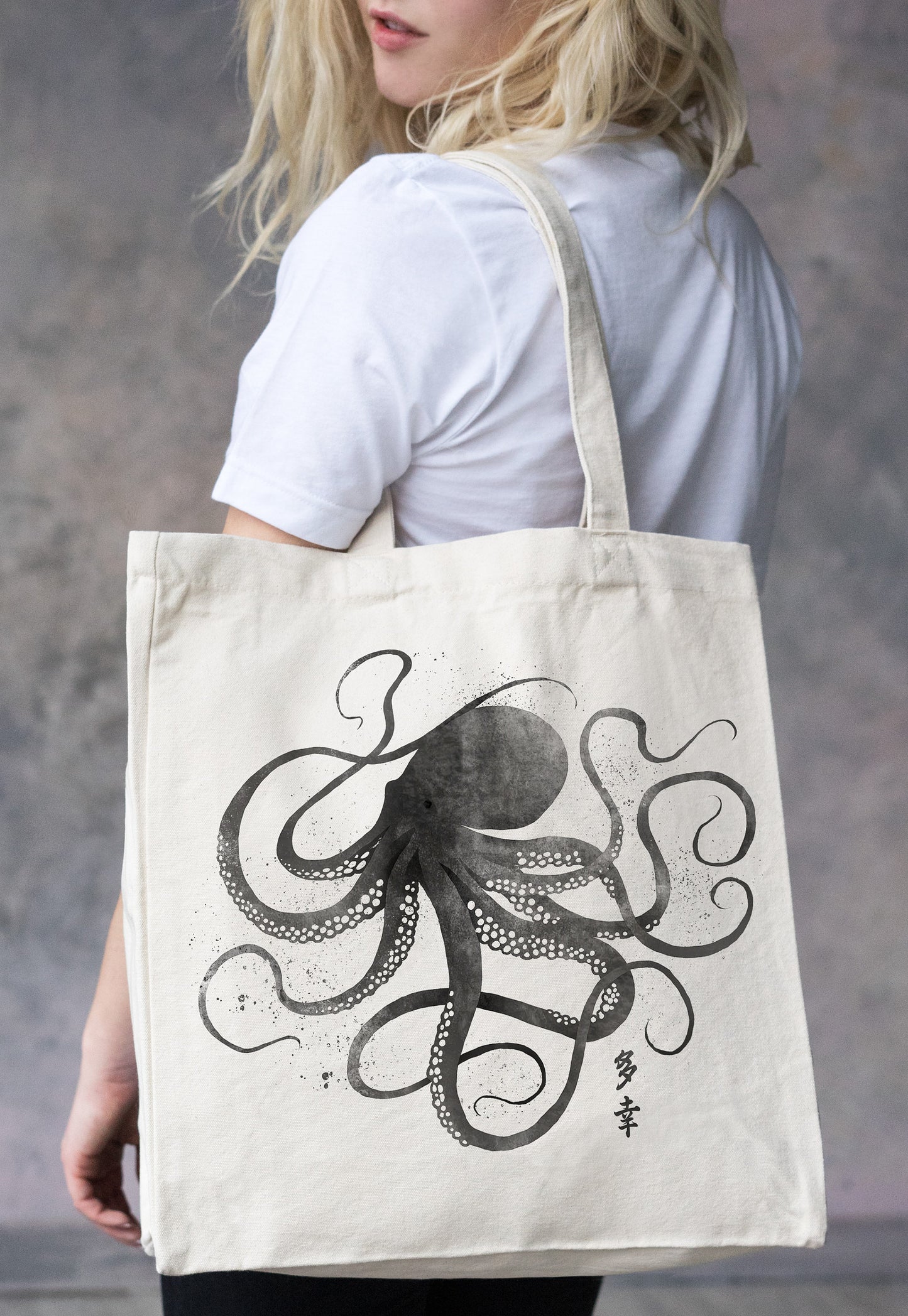 Octopus Japanese Calligraphy Canvas Tote Bag Ukiyo-e Traditional Art Japan Yoga Pretty Cute Gift Cotton Shopper Printed Eco Friendly Market
