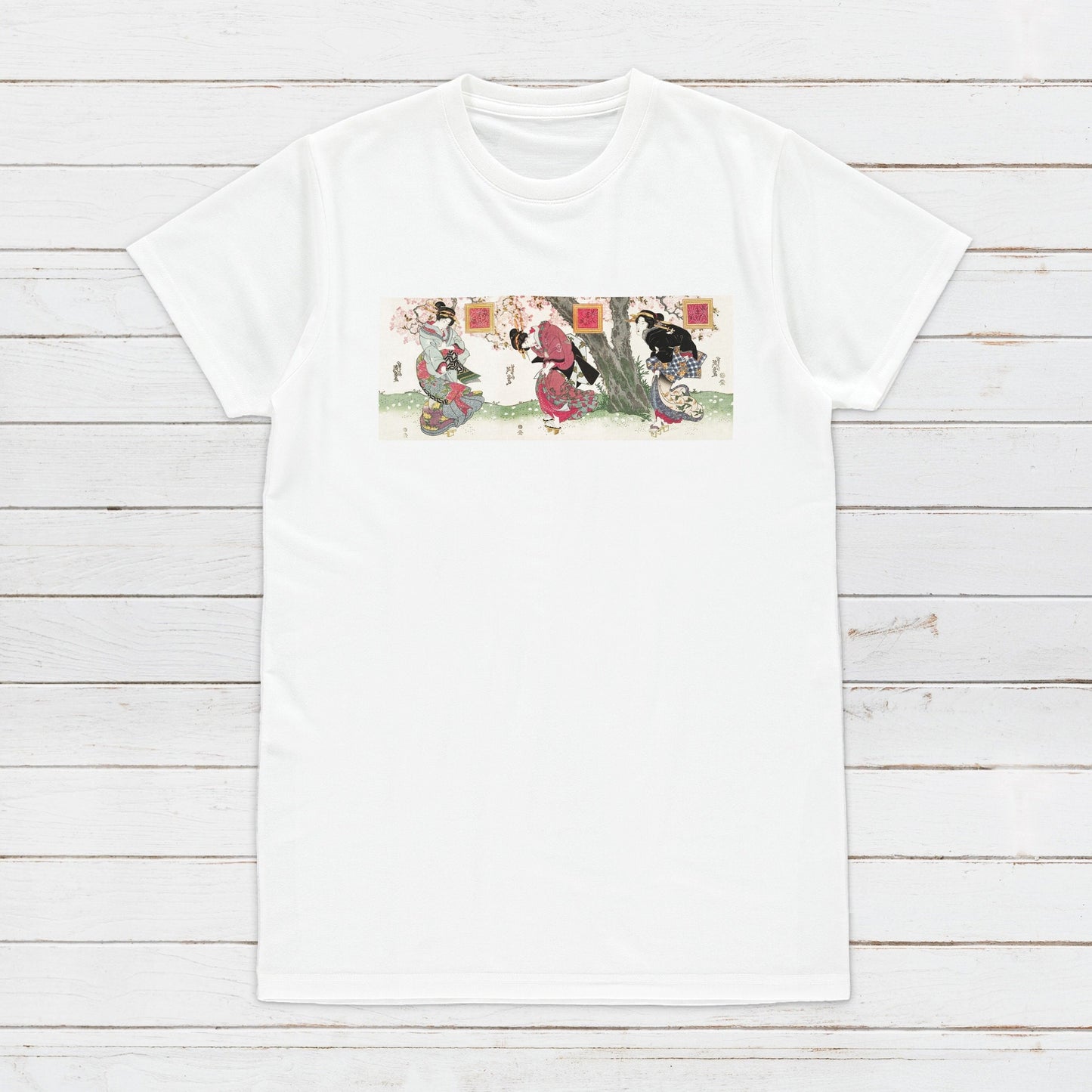 Japanese Ukiyo-e T Shirt Woodblock Art Keisai Eisen Kyoto Geisha Maiko Tryptych Sakura Tattoo Beautiful Calligraphy Womens Mens Printed Tee