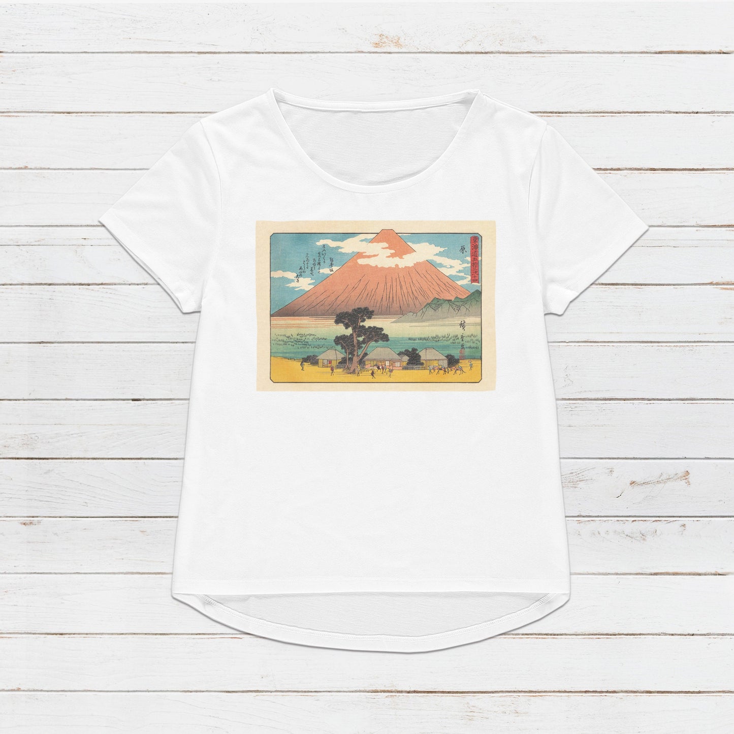 Japanese Ukiyo-e T Shirt Woodblock Art Hiroshige Mount Fuji Mountain Hara Station 14 Tokaido Japan Kanji Calligraphy Womens Mens Printed Tee