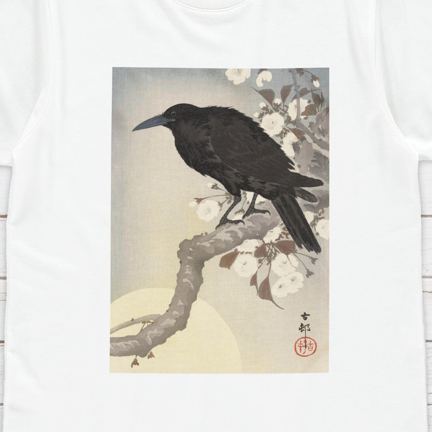 Japanese Ukiyo-e T Shirt Woodblock Art Ohara Koson Shoson Crow Raven Rook Bird Tattoo Moon Kanji Calligraphy Womens Mens Graphic Printed Tee