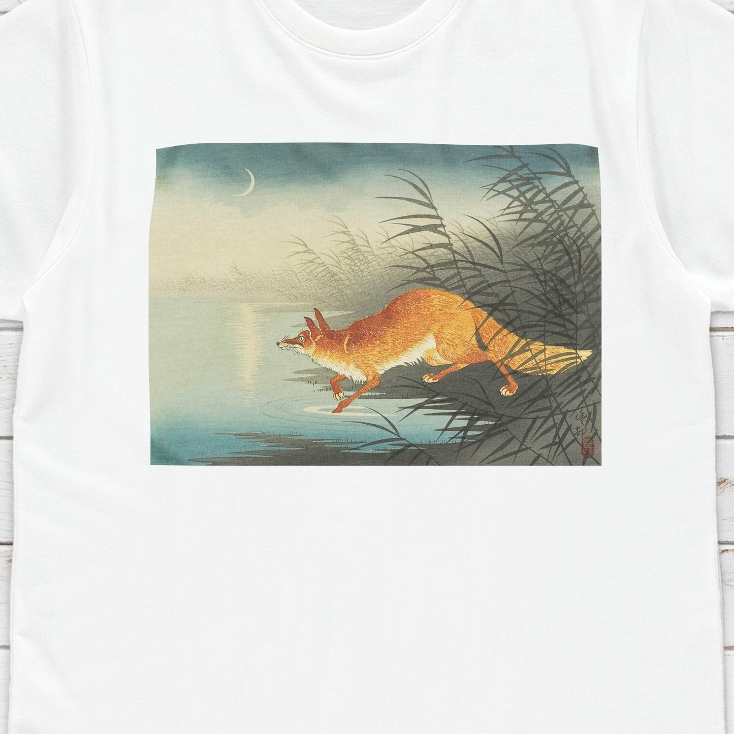 Japanese Ukiyo-e T Shirt Woodblock Art Ohara Koson Shoson Fox Kitsune Moon Traditional Kanji Calligraphy Womens Mens Graphic Printed Tee