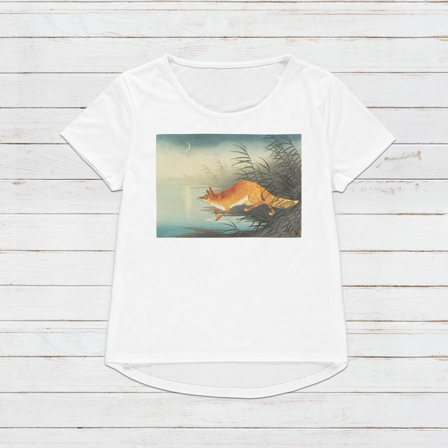 Japanese Ukiyo-e T Shirt Woodblock Art Ohara Koson Shoson Fox Kitsune Moon Traditional Kanji Calligraphy Womens Mens Graphic Printed Tee