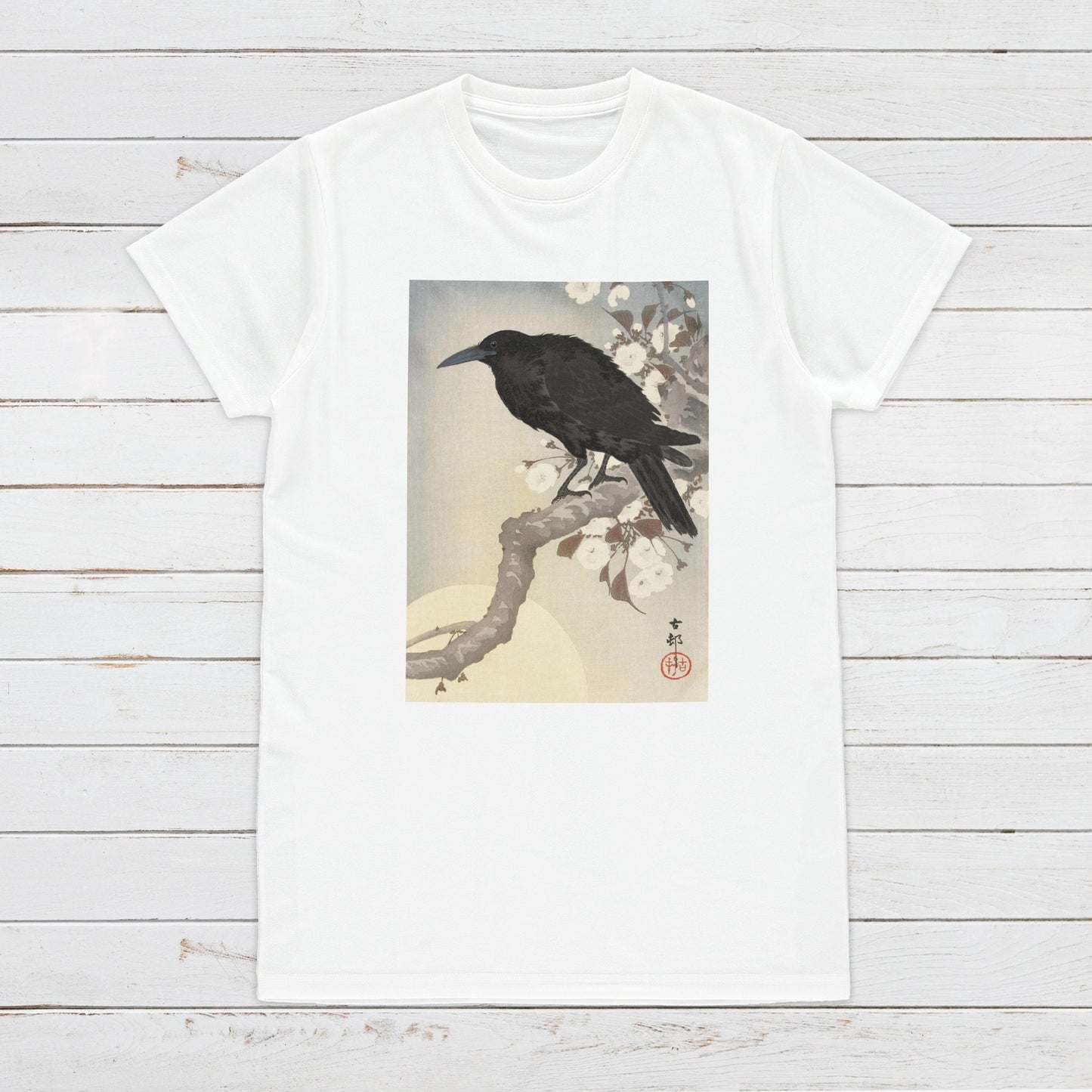 Japanese Ukiyo-e T Shirt Woodblock Art Ohara Koson Shoson Crow Raven Rook Bird Tattoo Moon Kanji Calligraphy Womens Mens Graphic Printed Tee