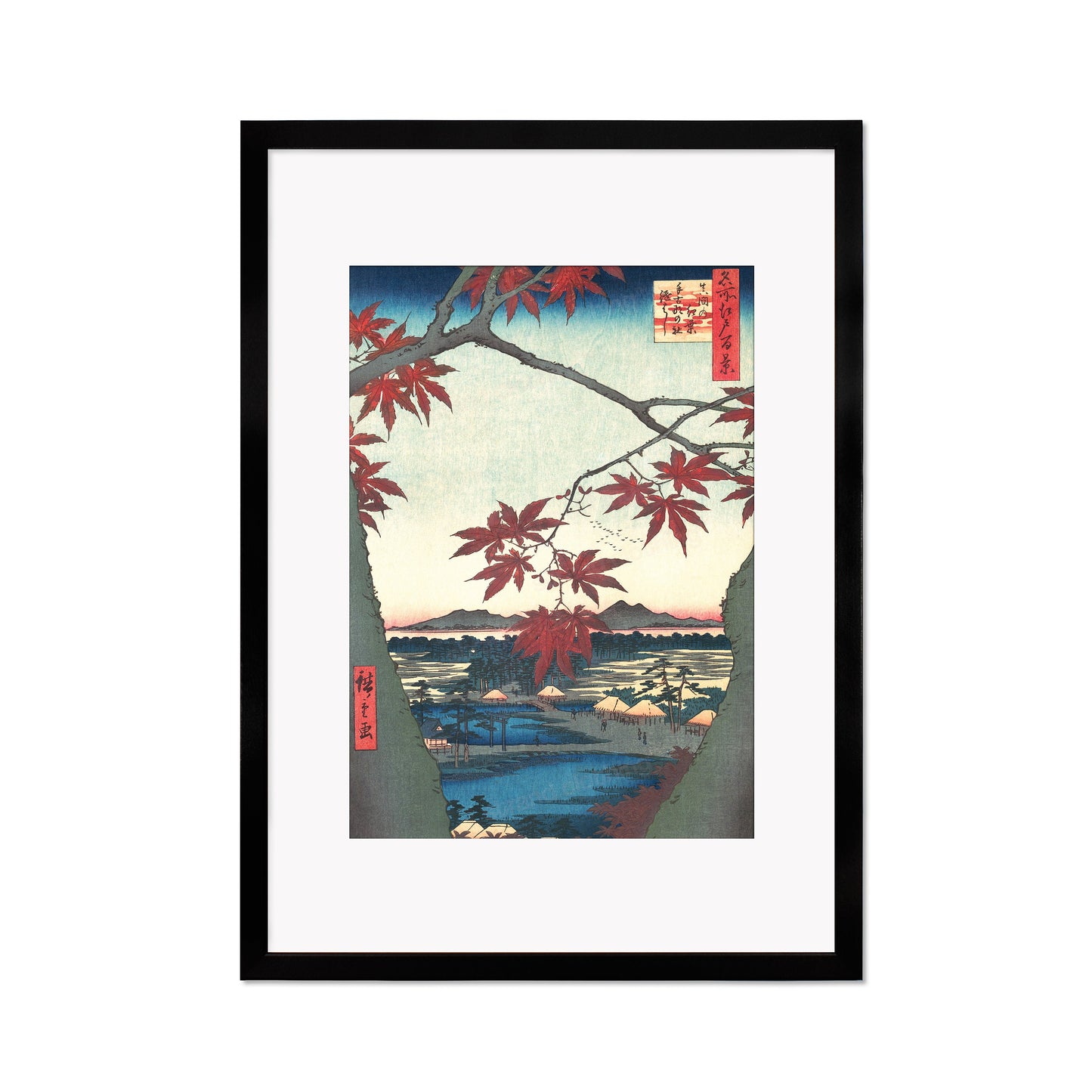 Japanese Art Print Poster Woodblock Ukiyo-e Framed Mounted Wall Hiroshige Maples At Mama Trees Leaves Beautiful Landscape Calligraphy A2 A3