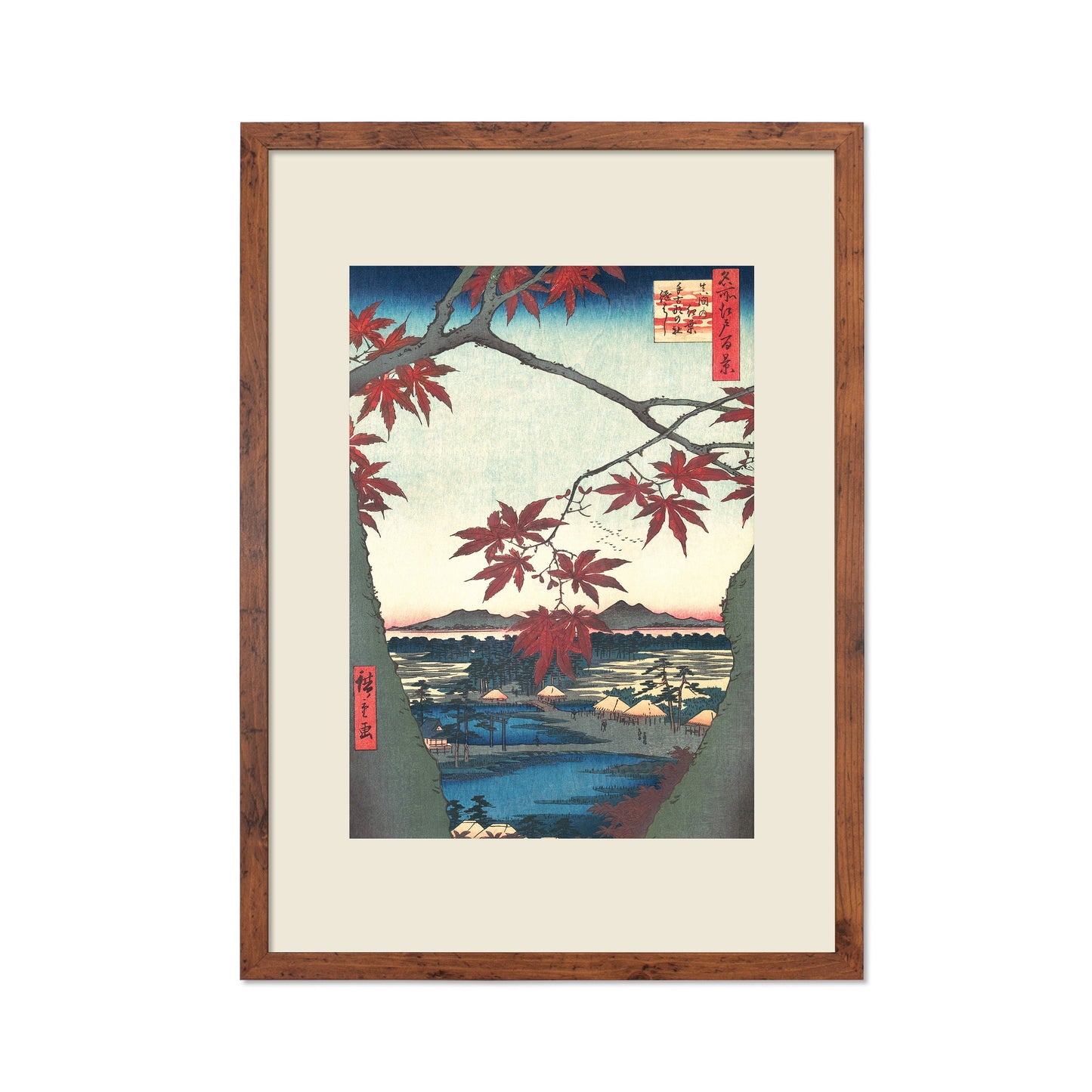 Japanese Art Print Poster Woodblock Ukiyo-e Framed Mounted Wall Hiroshige Maples At Mama Trees Leaves Beautiful Landscape Calligraphy A2 A3