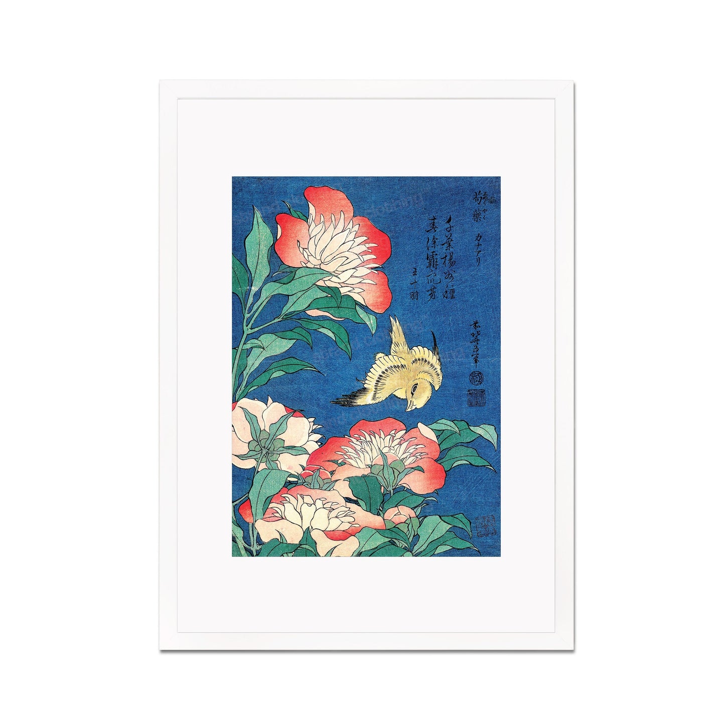 Japanese Art Print Poster Woodblock Ukiyo-e Framed Mounted Wall Hokusai Flower Floral Peonies Canary Bird Tattoo Beautiful Calligraphy A2 A3