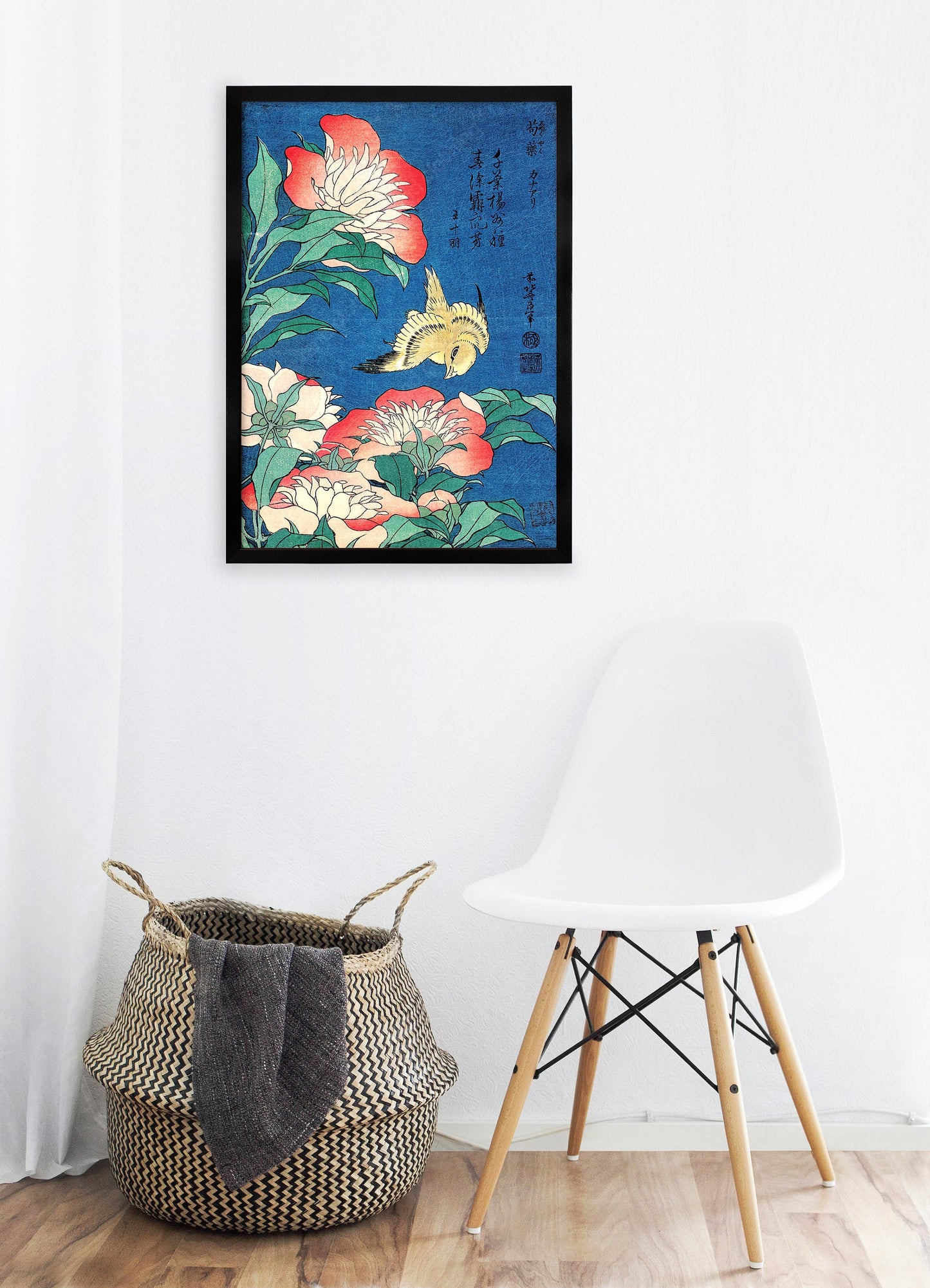 Japanese Art Print Poster Woodblock Ukiyo-e Framed Mounted Wall Hokusai Flower Floral Peonies Canary Bird Tattoo Beautiful Calligraphy A2