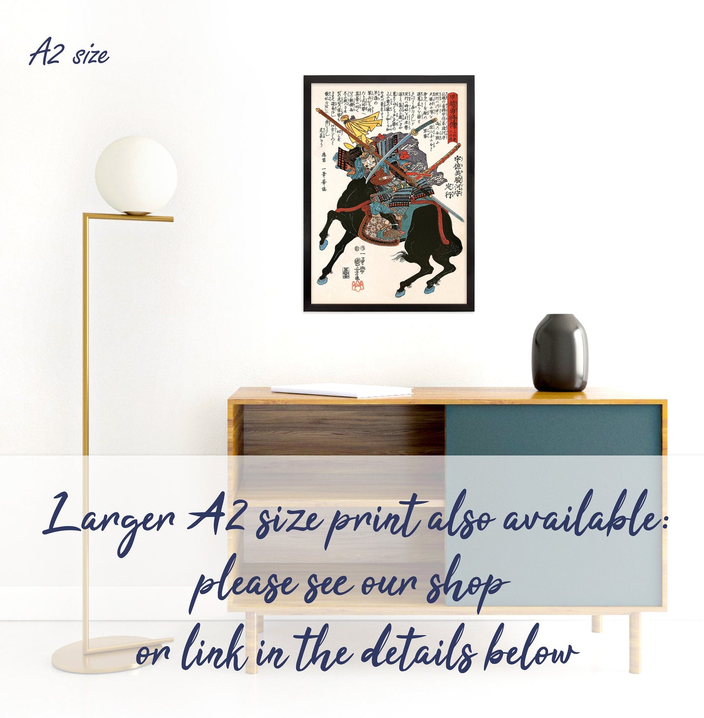 Japanese Samurai Art Print Poster Woodblock Ukiyo-e Style Framed Mounted Wall Warrior Armour Sword Katana Tattoo Calligraphy Horse A3 A2