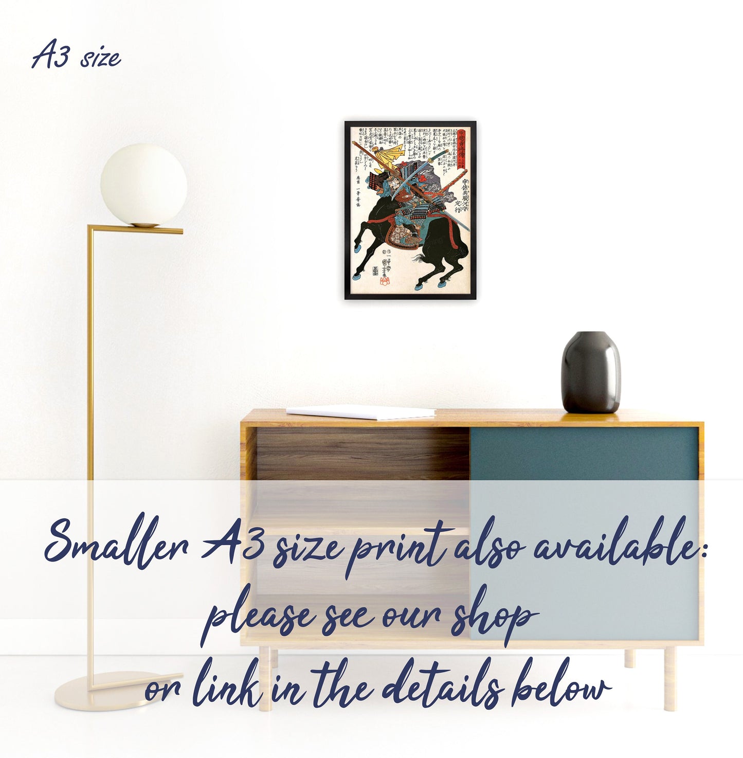 Japanese Samurai Art Print Poster Woodblock Ukiyo-e Style Framed Mounted Wall Warrior Armour Sword Katana Tattoo Calligraphy Horse A2 Large
