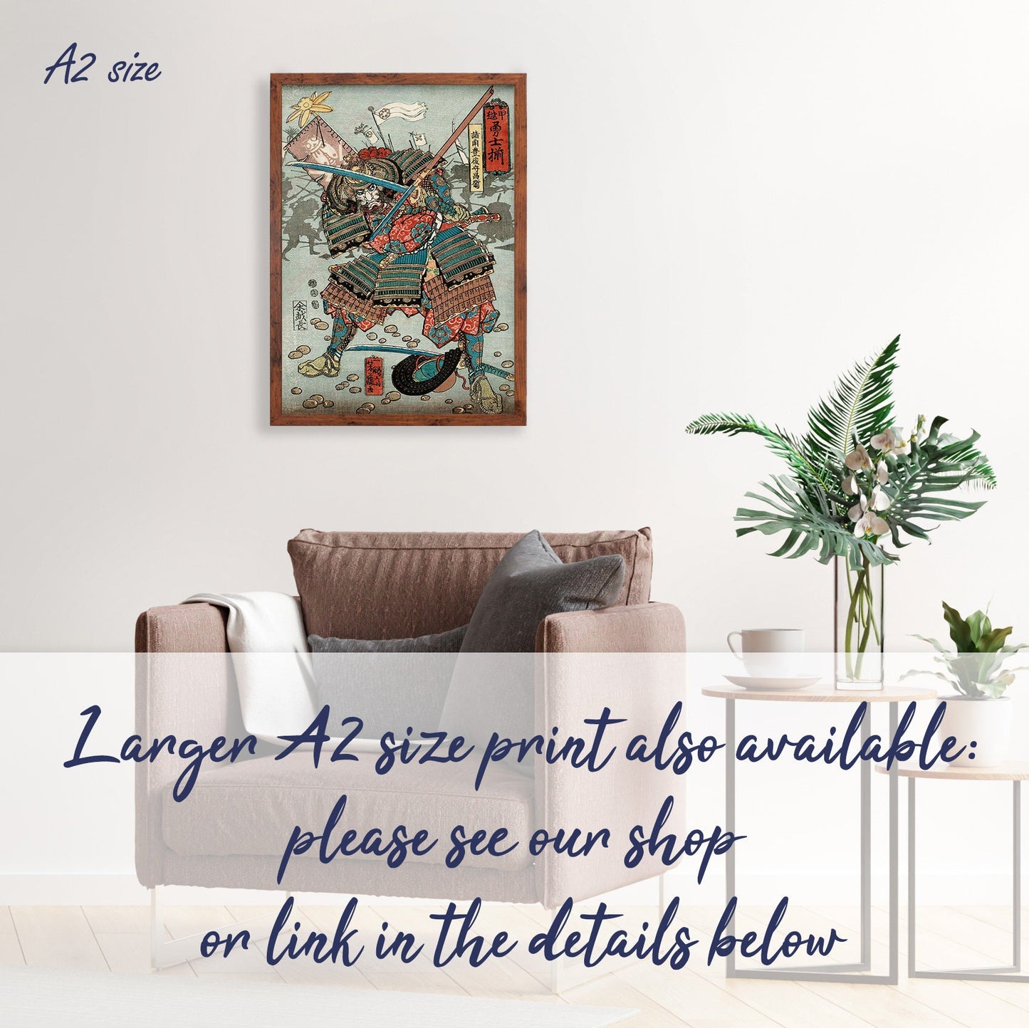 Japanese Samurai Art Print Poster Woodblock Ukiyo-e Style Framed Mounted Wall Warrior Armour Sword Katana Tattoo Calligraphy Archery A3 A2