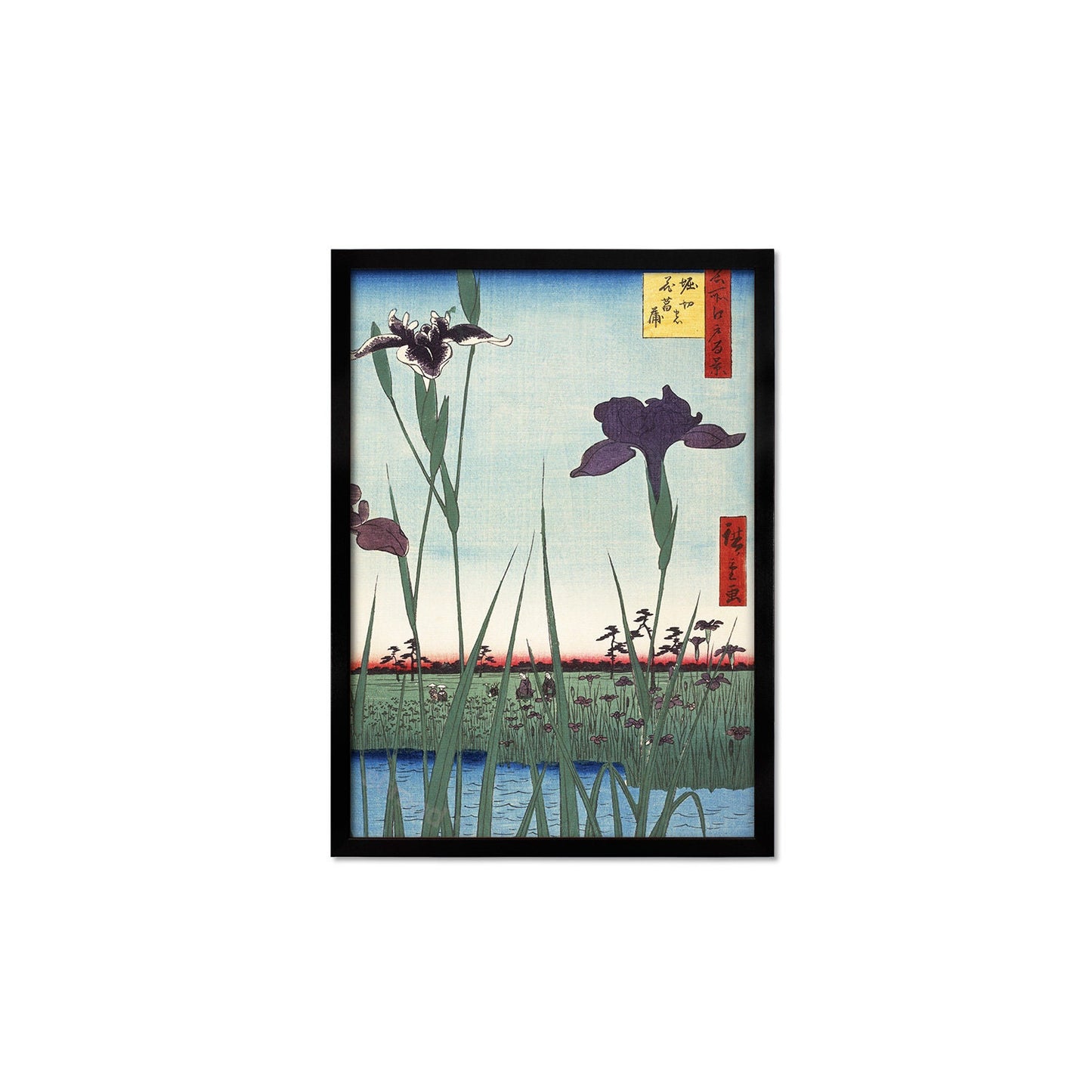 Japanese Art Print Poster Woodblock Ukiyo-e Framed Mounted Wall Hiroshige Iris Irises Flower Floral Geisha Bijin Beautiful Calligraphy A2 A3