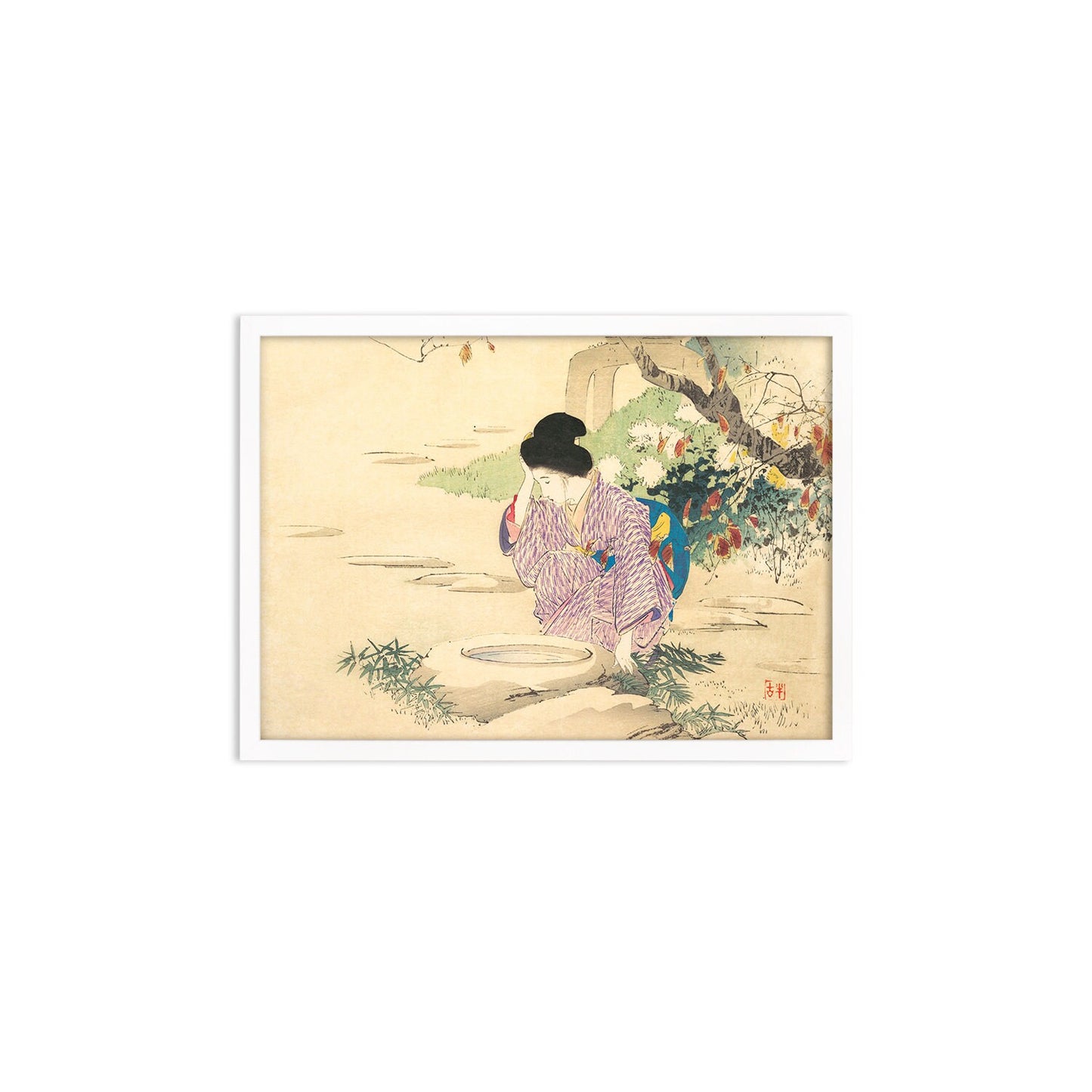 Japanese Woman Bijin Art Print Poster Woodblock Ukiyo-e Kuchi-e Kajita Hanko Framed Mounted Wall Geisha Maiko Kimono Elegant Landscape A3 A2