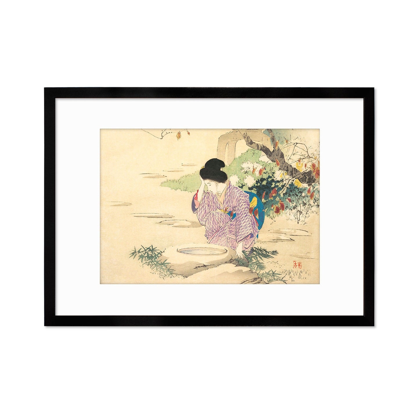 Japanese Woman Bijin Art Print Poster Woodblock Ukiyo-e Kuchi-e Kajita Hanko Framed Mounted Wall Geisha Maiko Kimono Elegant Landscape A3 A2
