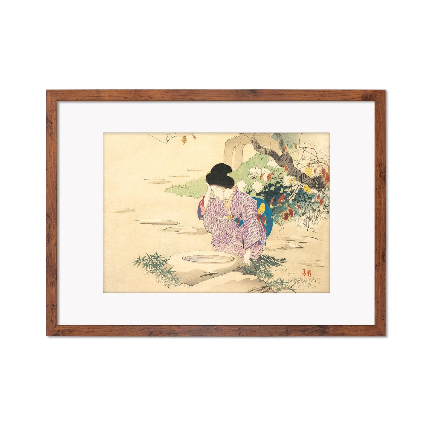 Japanese Woman Bijin Art Print Poster Woodblock Ukiyo-e Kuchi-e Kajita Hanko Framed Mounted Wall Geisha Maiko Kimono Elegant Landscape A3 A2