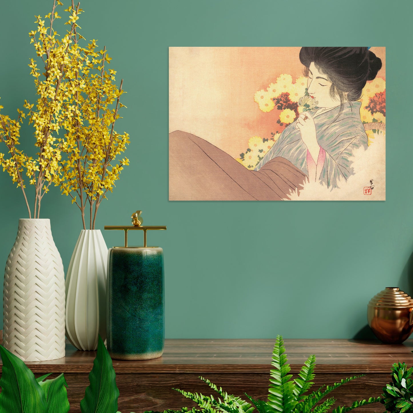 Japanese Beauty Ukiyo-e Art Print Poster Woodblock Wall Decor Kajita Hanko Kuchi-e Bijin Chrysanthemum Geisha Maiko Kimono Obi Beautiful A3