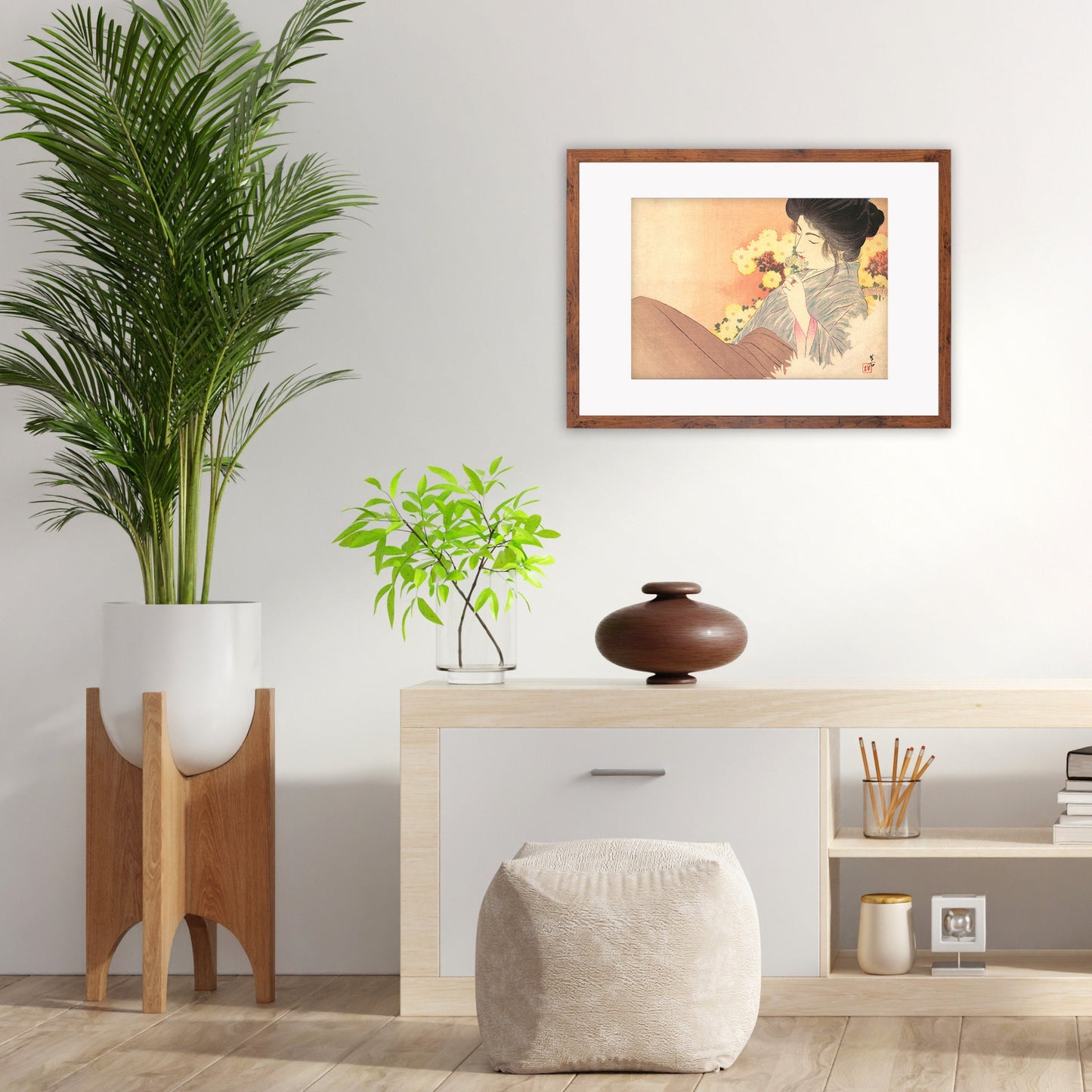 Japanese Woman Bijin Art Print Poster Woodblock Ukiyo-e Kuchi-e Kajita Hanko Framed Mounted Wall Geisha Maiko Kimono Elegant Landscape A3 A2