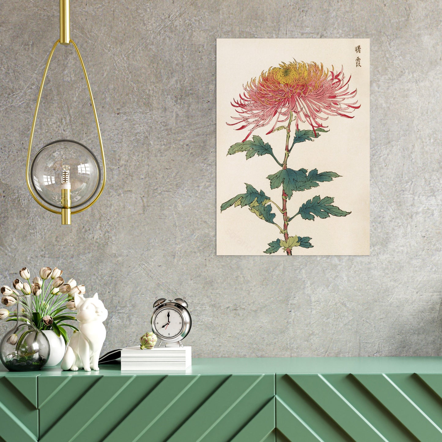 Japanese Ukiyo-e Art Print Poster Woodblock Wall Art Keika Hasegawa Chrysanthemums Flowers Landscape Nature Beautiful Japan Calligraphy A3