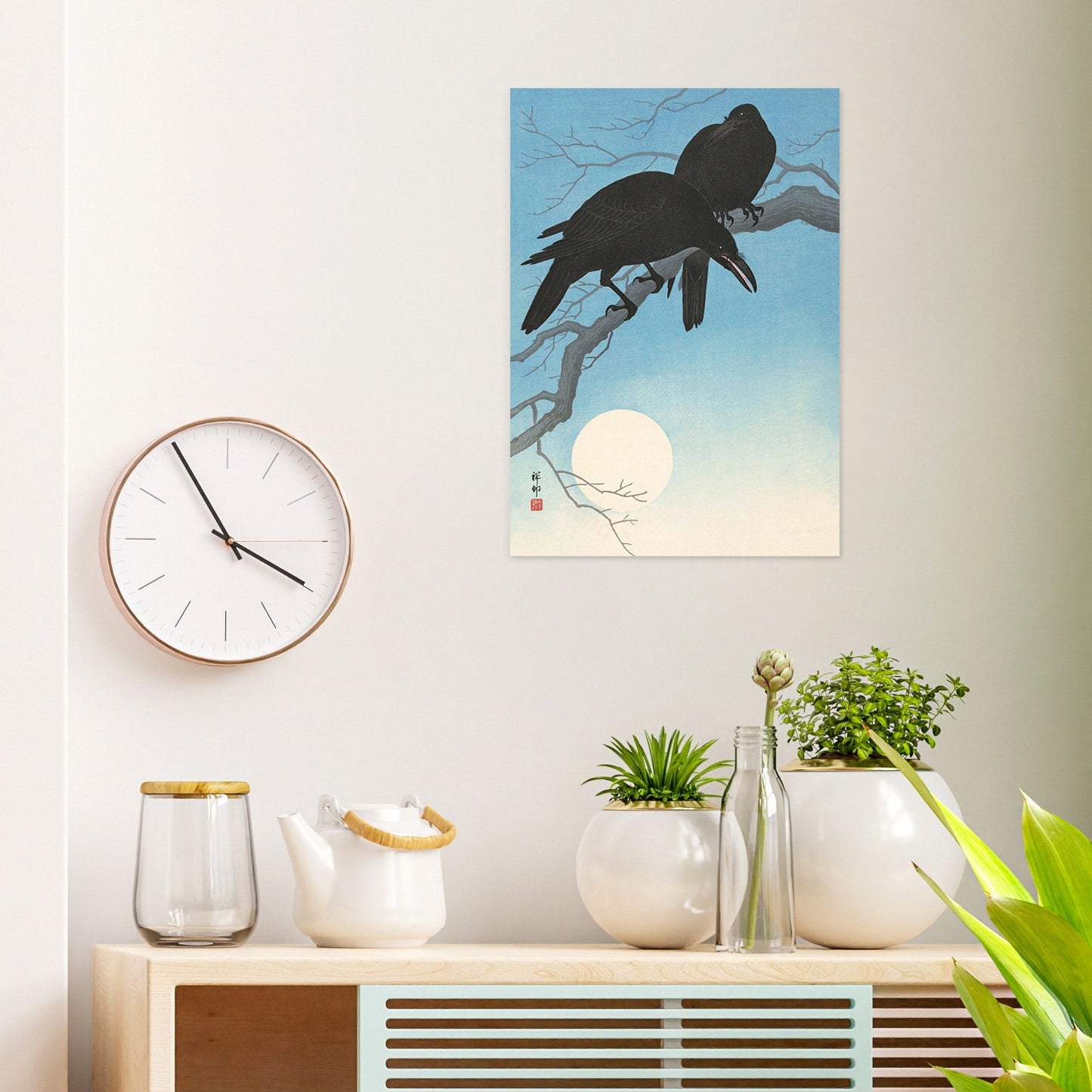 Japanese Ukiyo-e Art Print Poster Woodblock Wall Art Ohara Koson Shoson Two Crows Raven Moon Bird Tattoo Beautiful Japan Calligraphy Nature