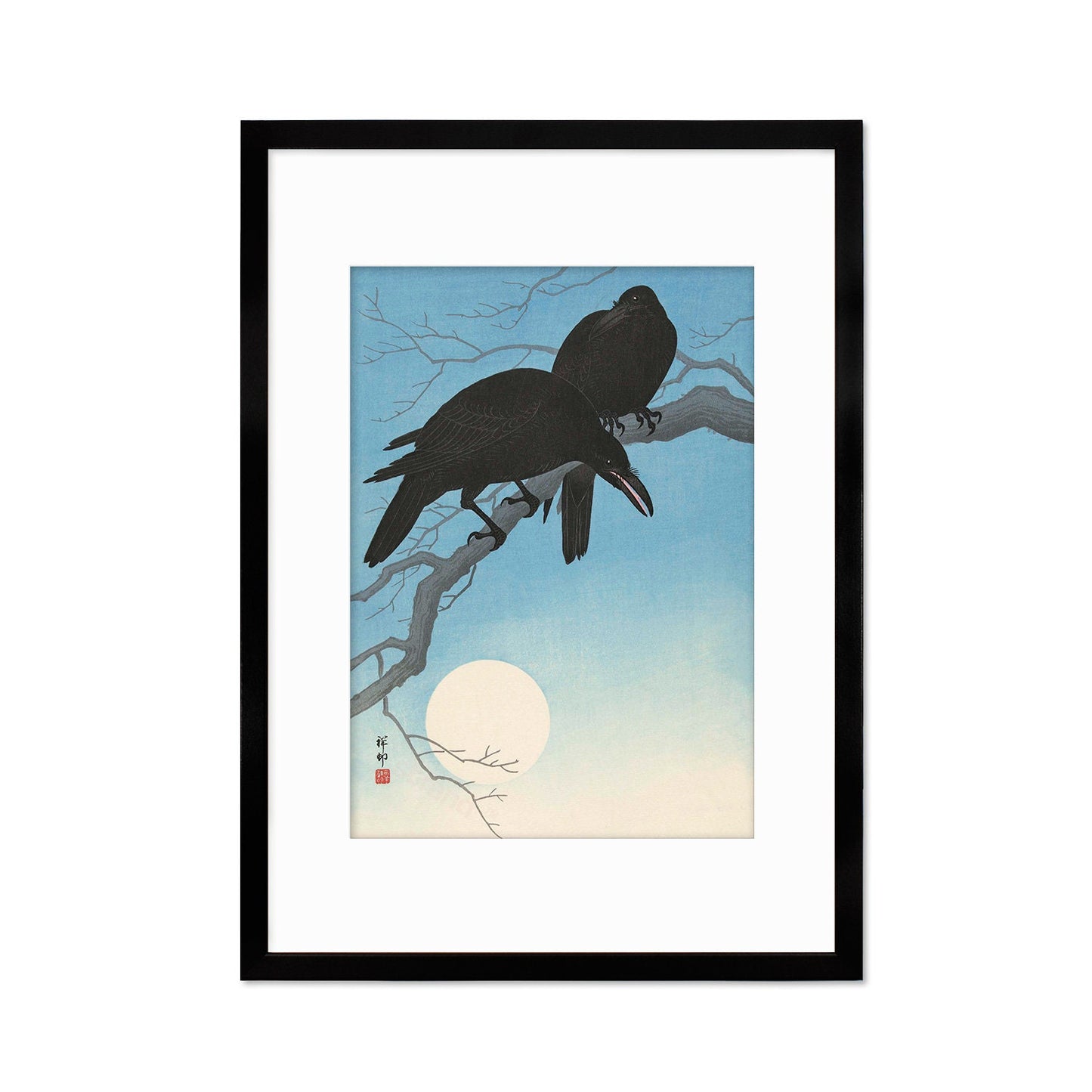 Japanese Art Two Crows Print Poster Woodblock Ukiyo-e Ohara Koson Shoson Raven Moon Bird Framed Mounted Wall Nature Landscape Elegant A3 A2