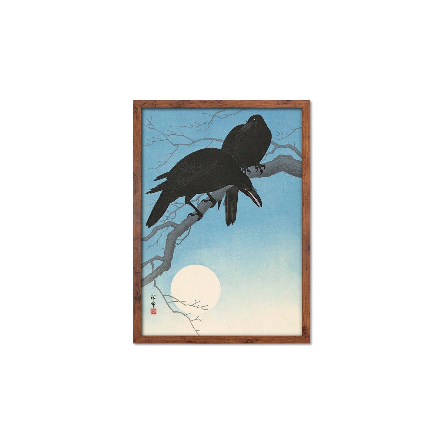 Japanese Art Two Crows Print Poster Woodblock Ukiyo-e Ohara Koson Shoson Raven Moon Bird Framed Mounted Wall Nature Landscape Elegant A3 A2