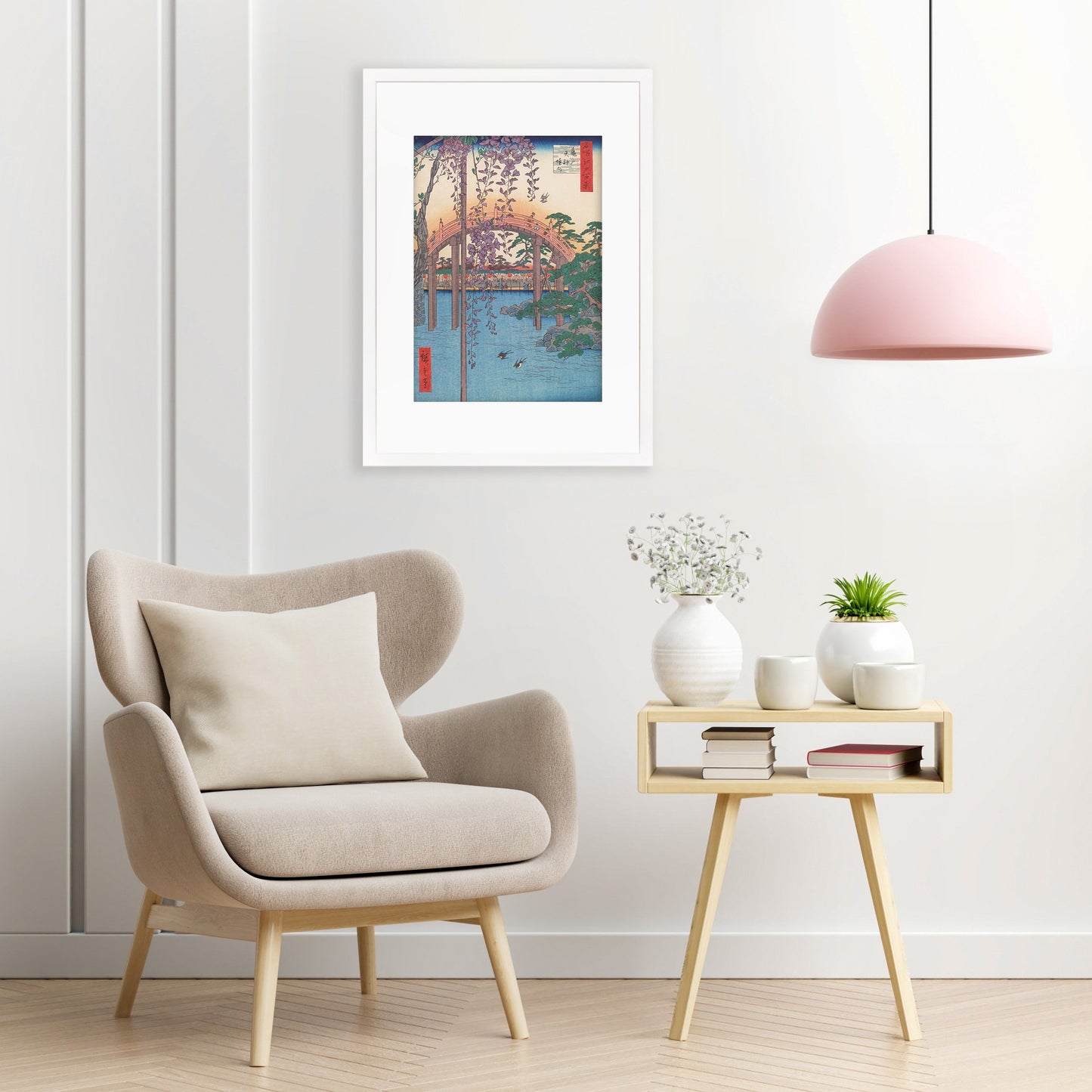 Japanese Art Print Poster Woodblock Ukiyo-e Framed Mounted Wall Hiroshige Kameido Tenjin Keidai Monet Bridge Wisteria Flowers Pretty A2 A3