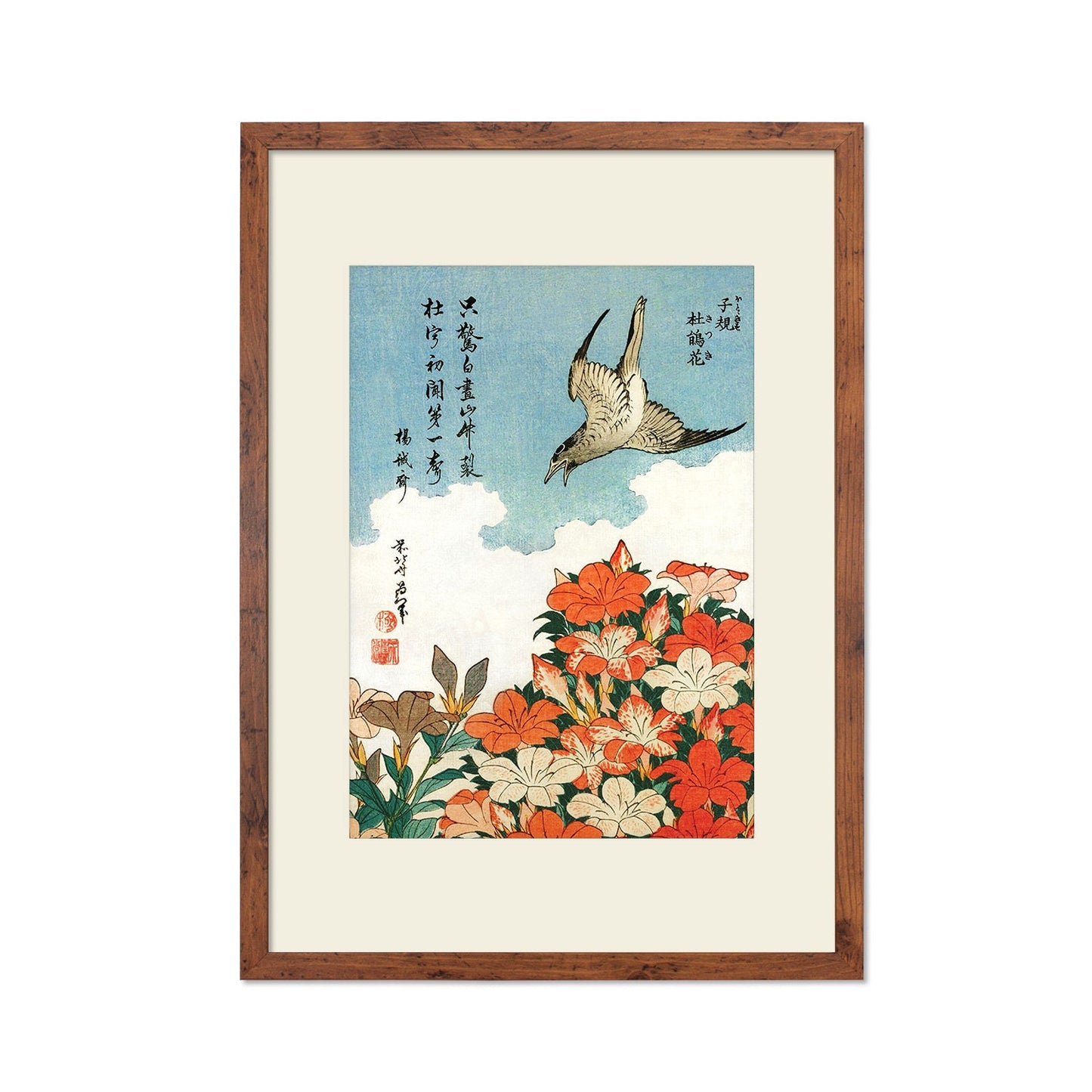 Japanese Art Framed Mounted Ukiyo-e Wall Decor Print Poster Woodblock Hokusai Flower Floral Azalea Cuckoo Bird Calligraphy Beautiful Haiku