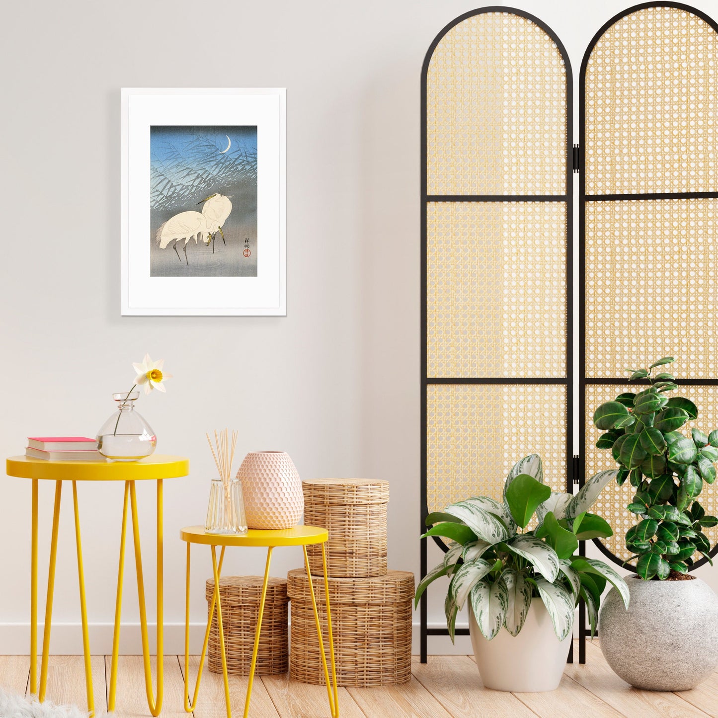 Japanese Art Egrets Cranes Framed Mounted Ukiyo-e Wall Decor Print Poster Woodblock Koson Shoson Heron Bird Calligraphy Beautiful Haiku Cute