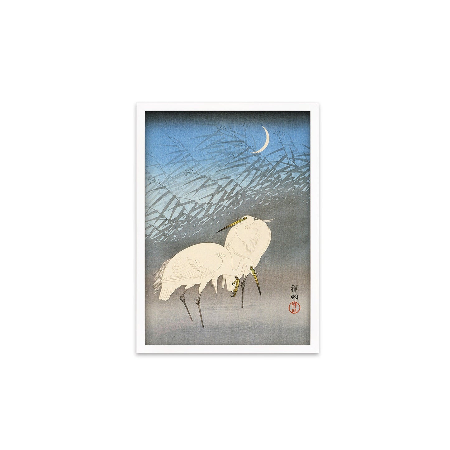 Japanese Art Egrets Cranes Framed Mounted Ukiyo-e Wall Decor Print Poster Woodblock Koson Shoson Heron Bird Calligraphy Beautiful Haiku Cute