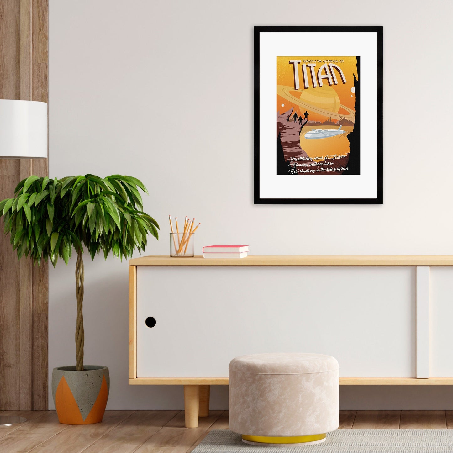 Planet Moon Titan Art Framed Mounted Wall Decor Print Retro Space Flight Travel Poster Science Sci Fi Geek Astronomy Cosmos Solar System Io