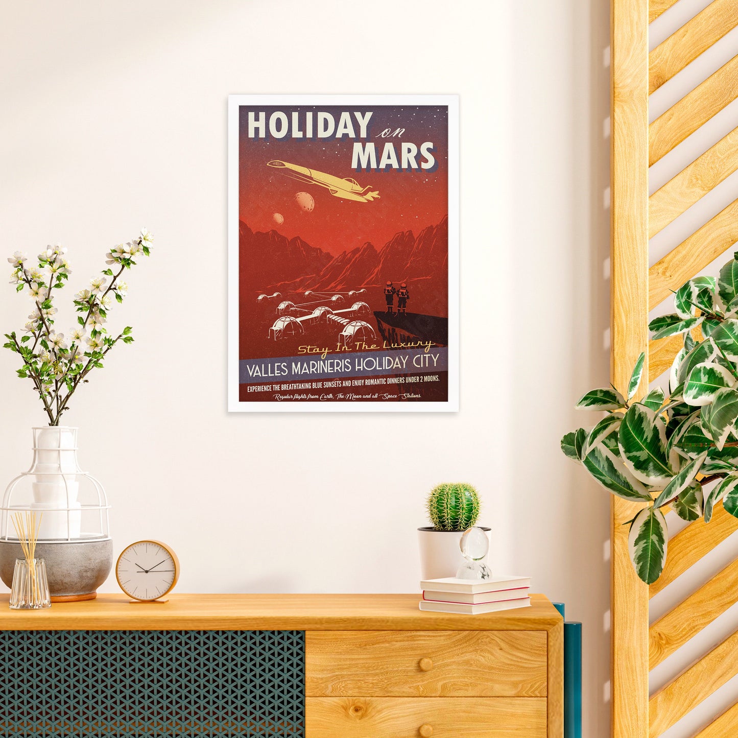 Planet Mars Art Framed Mounted Wall Decor Print Vintage Retro Space Flight Travel Poster Science Sci Fi Astronomy Cosmos Solar System Moon