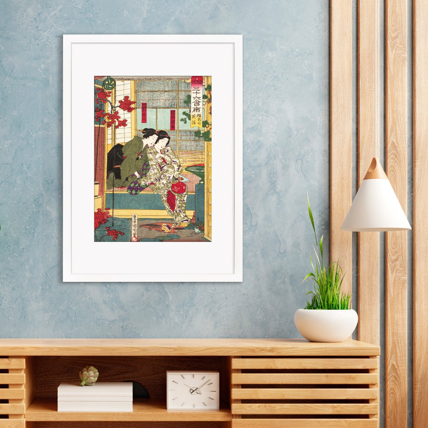 Japanese Art Geisha Maiko Framed Mounted Ukiyo-e Wall Decor Print Poster Woodblock Toyohara Kunichika Bijin Tea House Beautiful Calligraphy