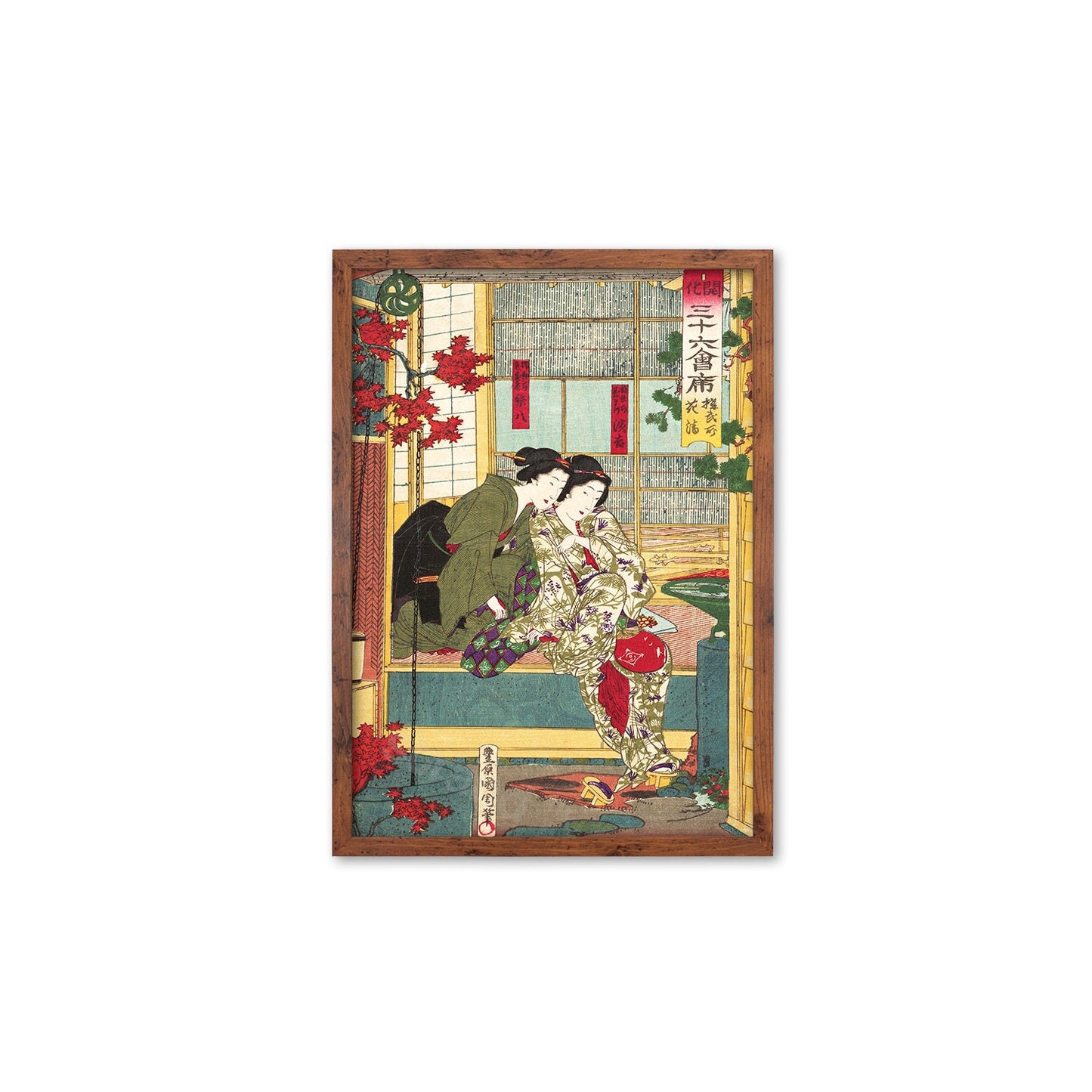 Japanese Art Geisha Maiko Framed Mounted Ukiyo-e Wall Decor Print Poster Woodblock Toyohara Kunichika Bijin Tea House Beautiful Calligraphy