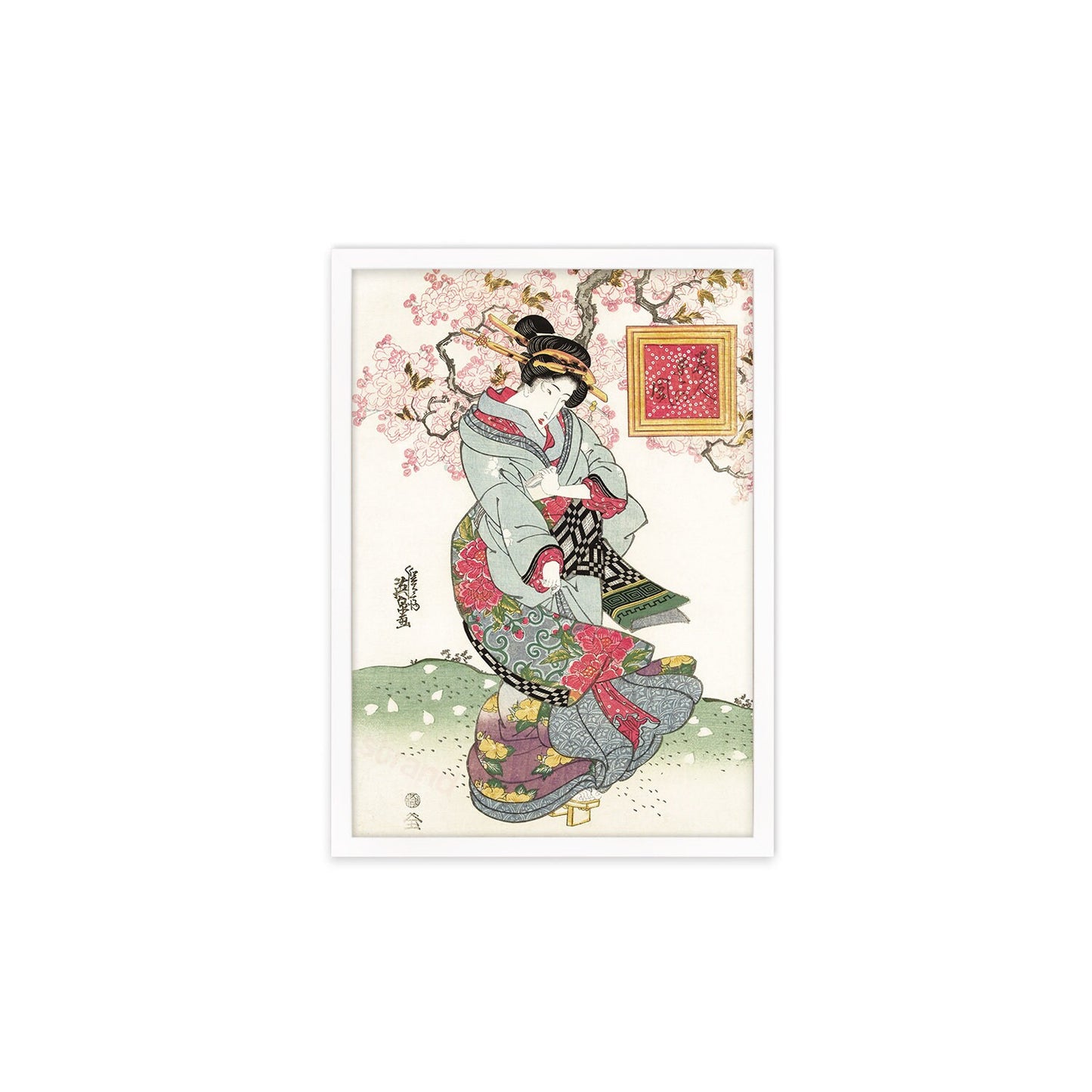 Japanese Art Geisha Sakura Framed Mounted Ukiyo-e Wall Decor Print Poster Woodblock Keisai Eisen Maiko Bijin Cherry Blossoms Beautiful A2 A3