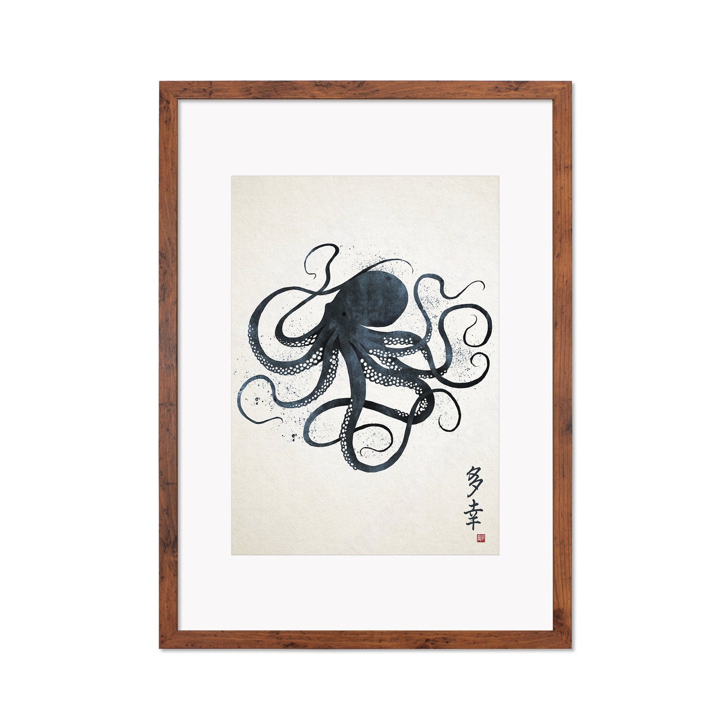 Japanese Octopus Art Print Poster Woodblock Ukiyo-e Style Framed Mounted Wall Samurai Tattoo Monster Calligraphy Beautiful Bushido A3 A2