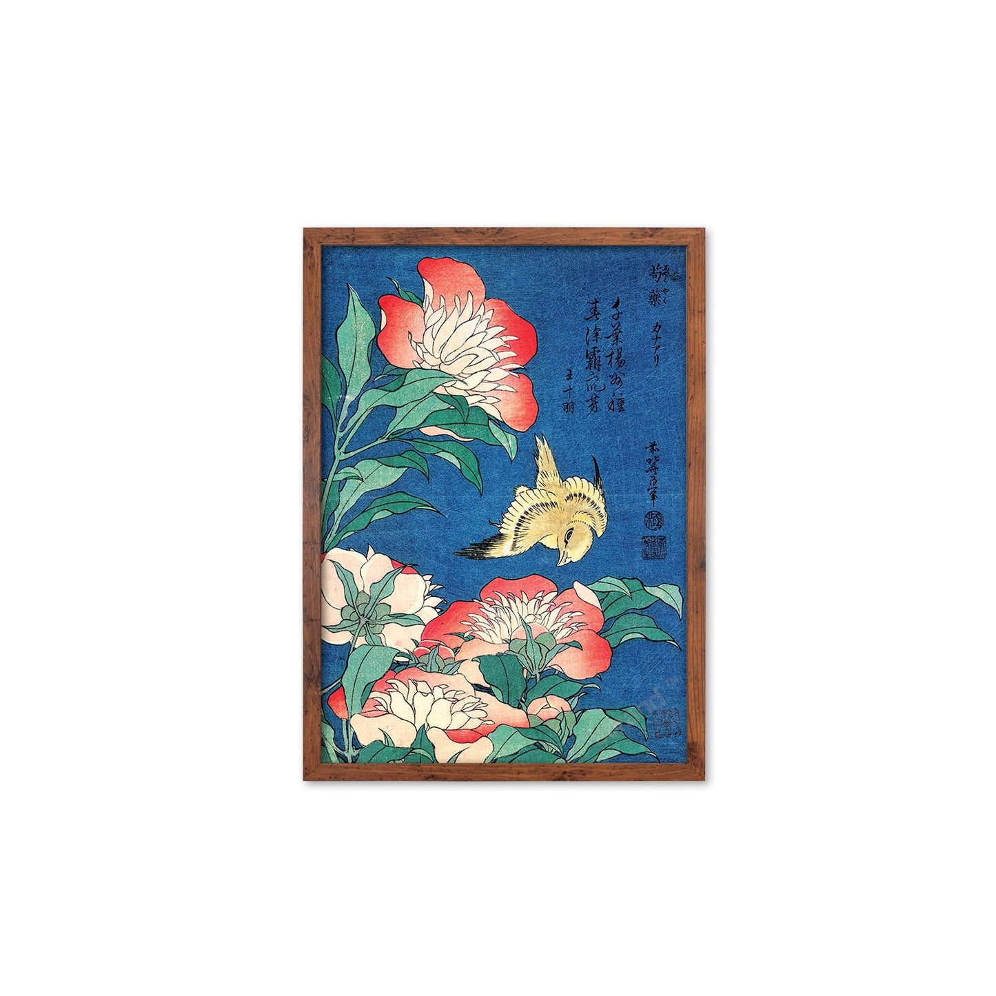 Japanese Art Print Poster Woodblock Ukiyo-e Framed Mounted Wall Hokusai Flower Floral Peonies Canary Bird Tattoo Beautiful Calligraphy A2 A3