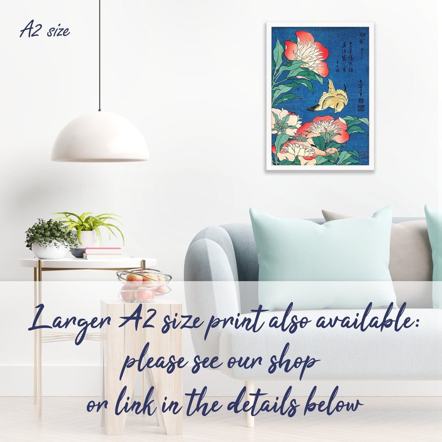 Japanese Art Print Poster Woodblock Ukiyo-e Framed Mounted Wall Hokusai Flower Floral Peonies Canary Bird Tattoo Beautiful Calligraphy A2 A3