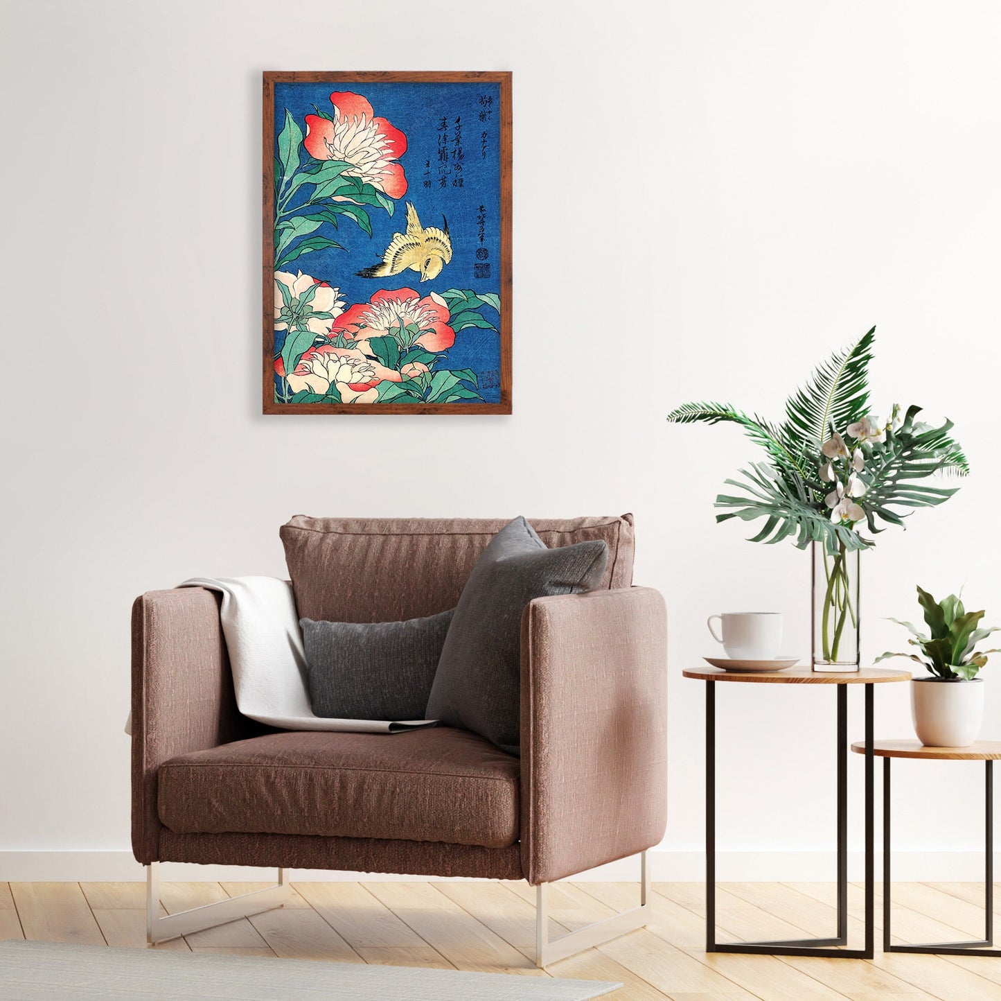 Japanese Art Print Poster Woodblock Ukiyo-e Framed Mounted Wall Hokusai Flower Floral Peonies Canary Bird Tattoo Beautiful Calligraphy A2